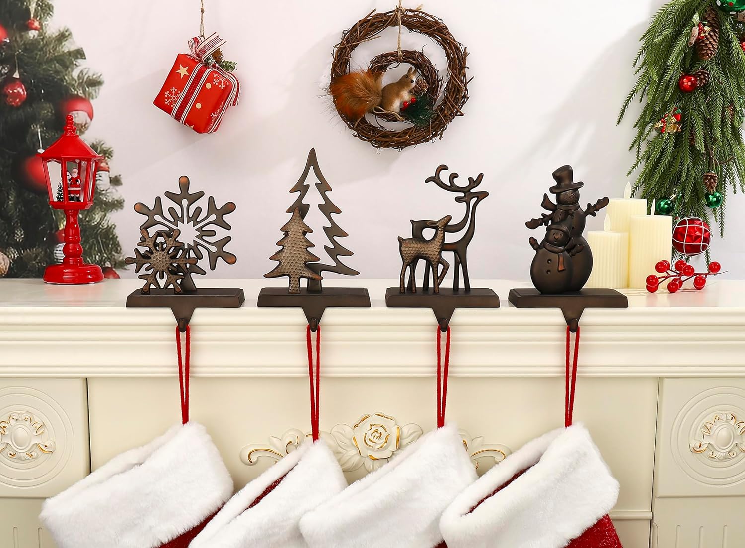 Set of 4 Christmas Stocking Holders, Uniquely Designed Xmas Fireplace Hooks Mantel Hooks Christmas Safety Hang Grip Stockings Clip for Christmas Party Decoration (Black Stocking Hangers)