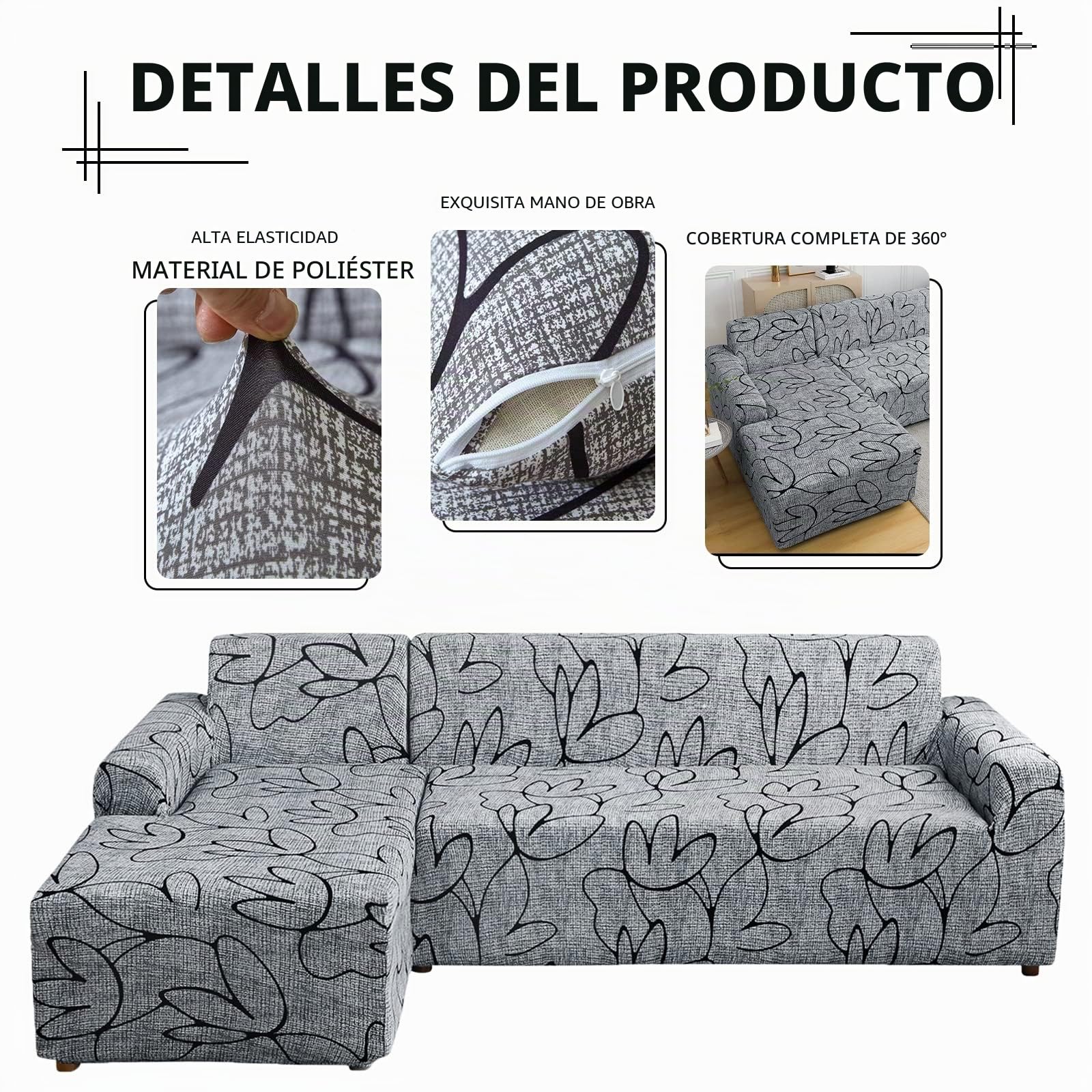 Lydevo Funda para Sofá Chaise Longue 2 Piezas Funda Cubre Sofá de Sofá Rinconera Forma de L Reversible con 2 Fundas de Almohada Elásticas Protector para Sofá Esquinero Derecho Izquierda,Flor Gris