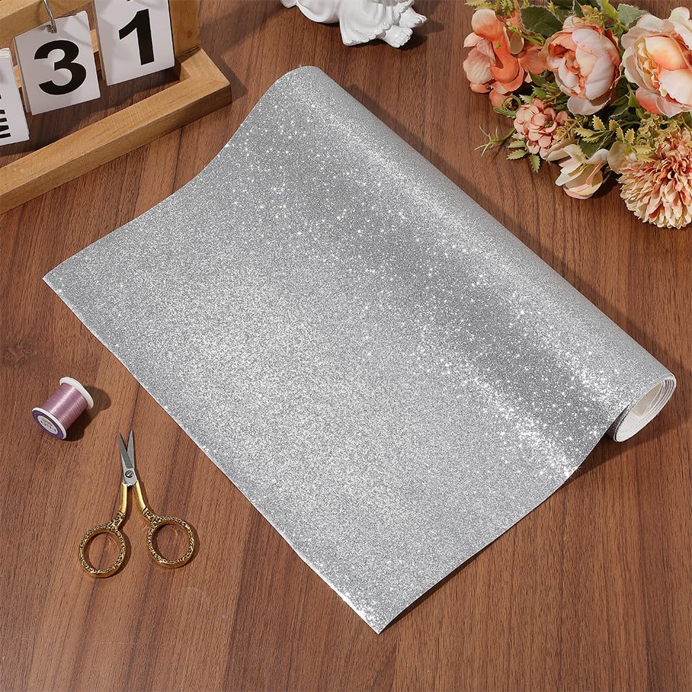 CALFOVERA 137 x 30cm Glitter PU Leather Sheets Sparkly Shiny Leather Rolls Superfine Sparkle Solid Fabric for DIY Crafts Patchwork Wedding Sewing Making Earrings Decorations (Silver) - Image 3