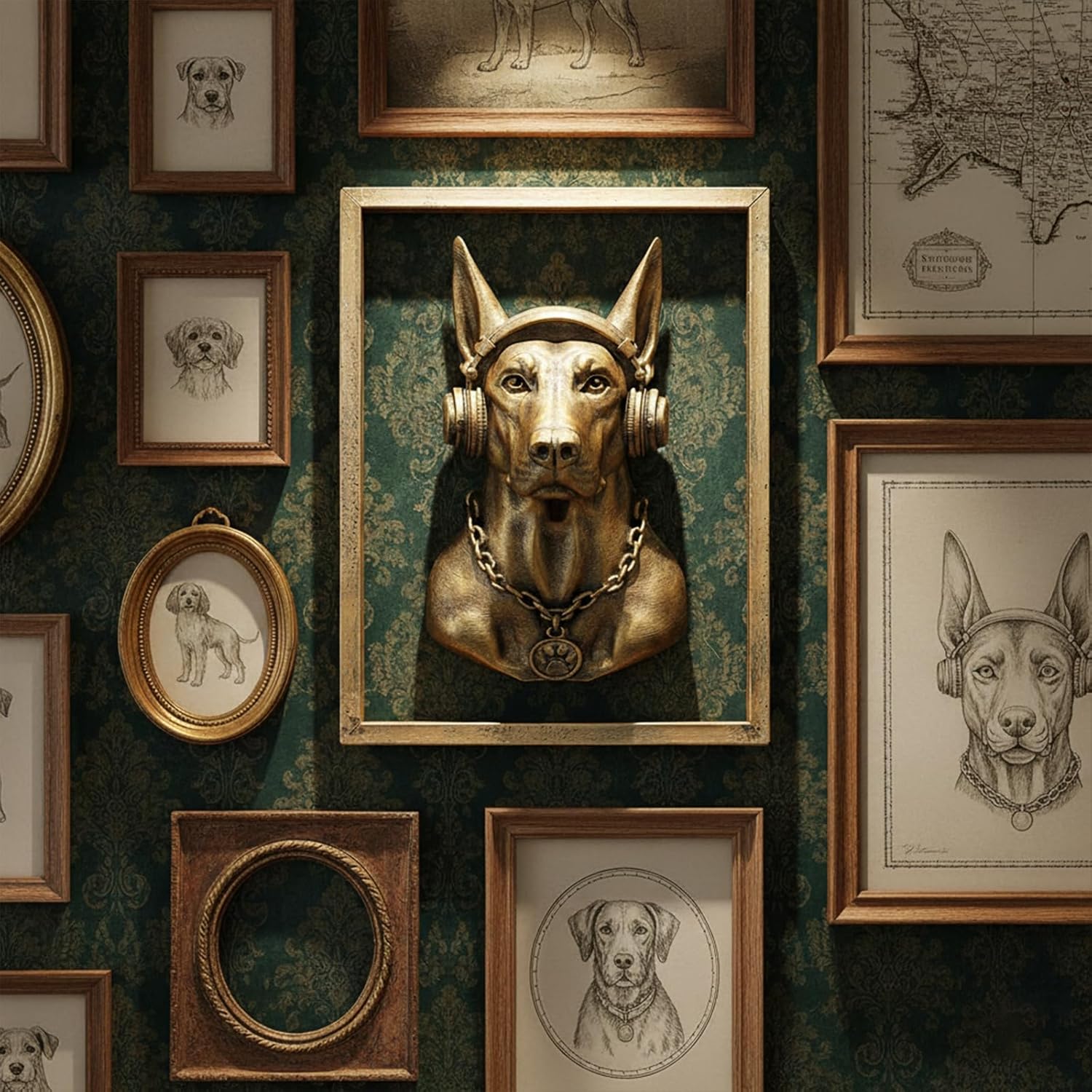 JJALIGHTS Animal Heads Wall Decor Doberman Resin Animals Sculptures Dobie Head Wall Hanging Decoration Imitation Copper vintage Wall Sculpture for Living Room Bedroom Office