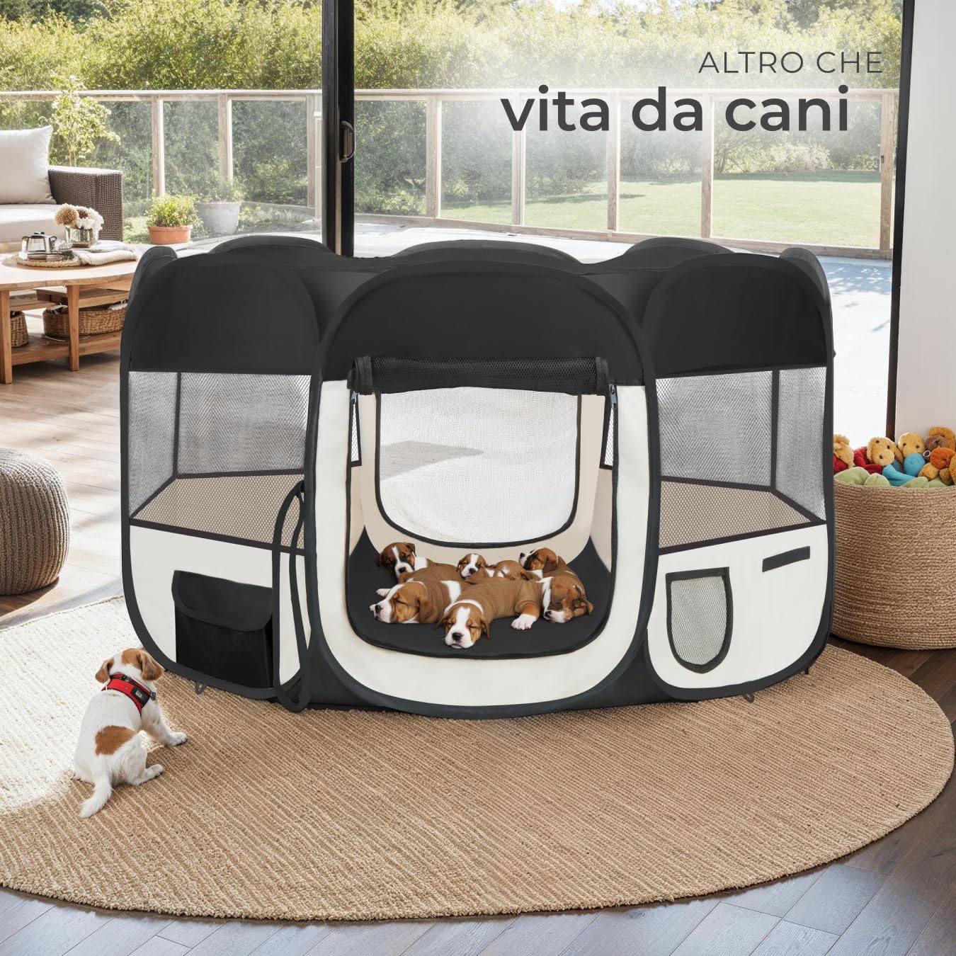 tectake® Box per Animali in Poliestere, Tenda Box per Cani, Recinto per Piccoli Animali, Struttura in Acciaio, Facile da Montare con Sistema Pop-Up, Borsa per Trasporto Inclusa - Nero