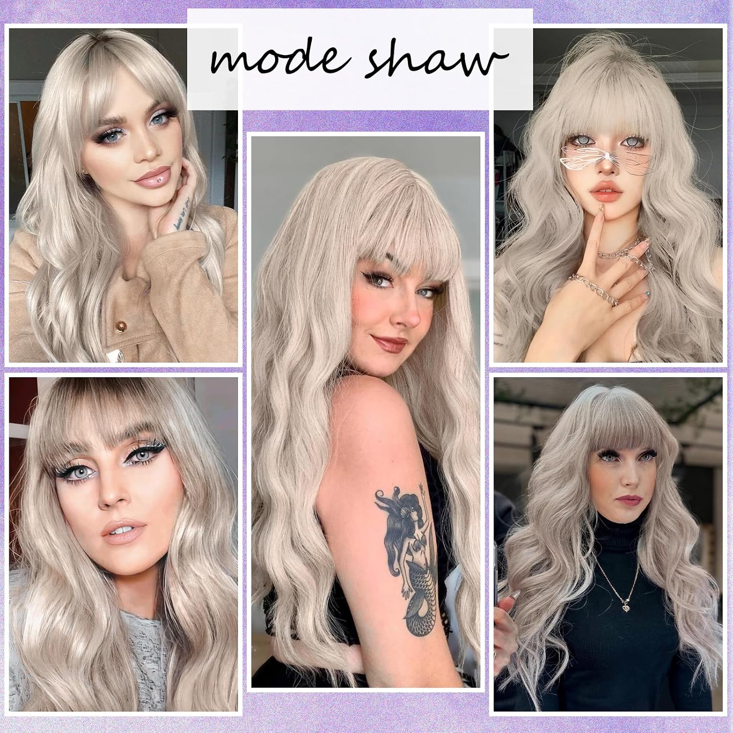 Long Ash Blonde Wig with Bangs Grey Blonde Wavy Curly Wigs Natural Looking Synthetic Heat Resistant Fiber Wig for Daily Cosplay Costume Party Chrismas Holiday Use