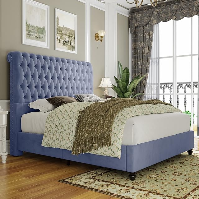 Jocisland Queen Bed Frame Upholstered Bed Sleigh Headboard Velvet Tufted Diamond Button/No Box Spring Needed/Easy Assembly/Silver Gray