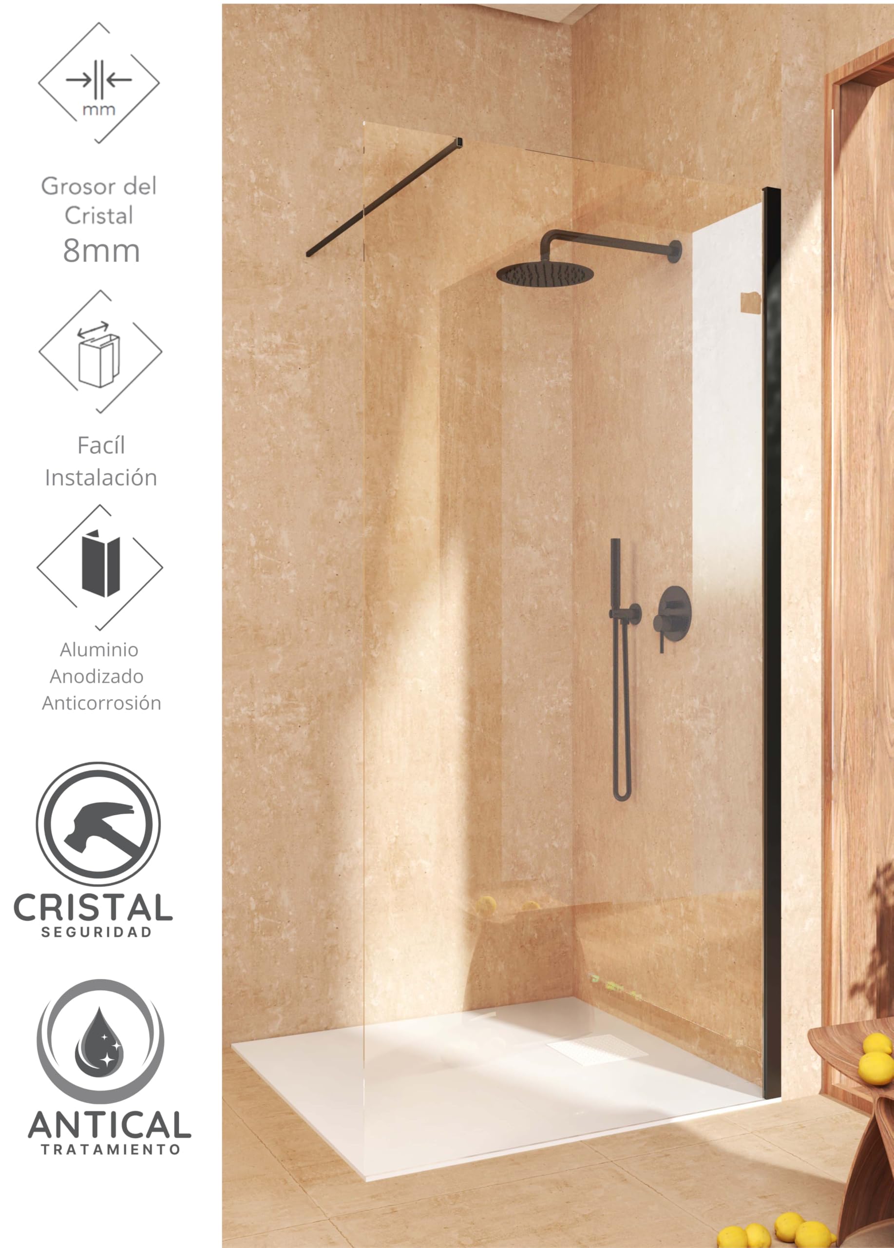SOULHOME Mampara de ducha Panel Fijo, Fácil instalación Vidrio de seguridad 8 mm antical, 60 cm ancho x 200 cm alto, Perfil Negro mate