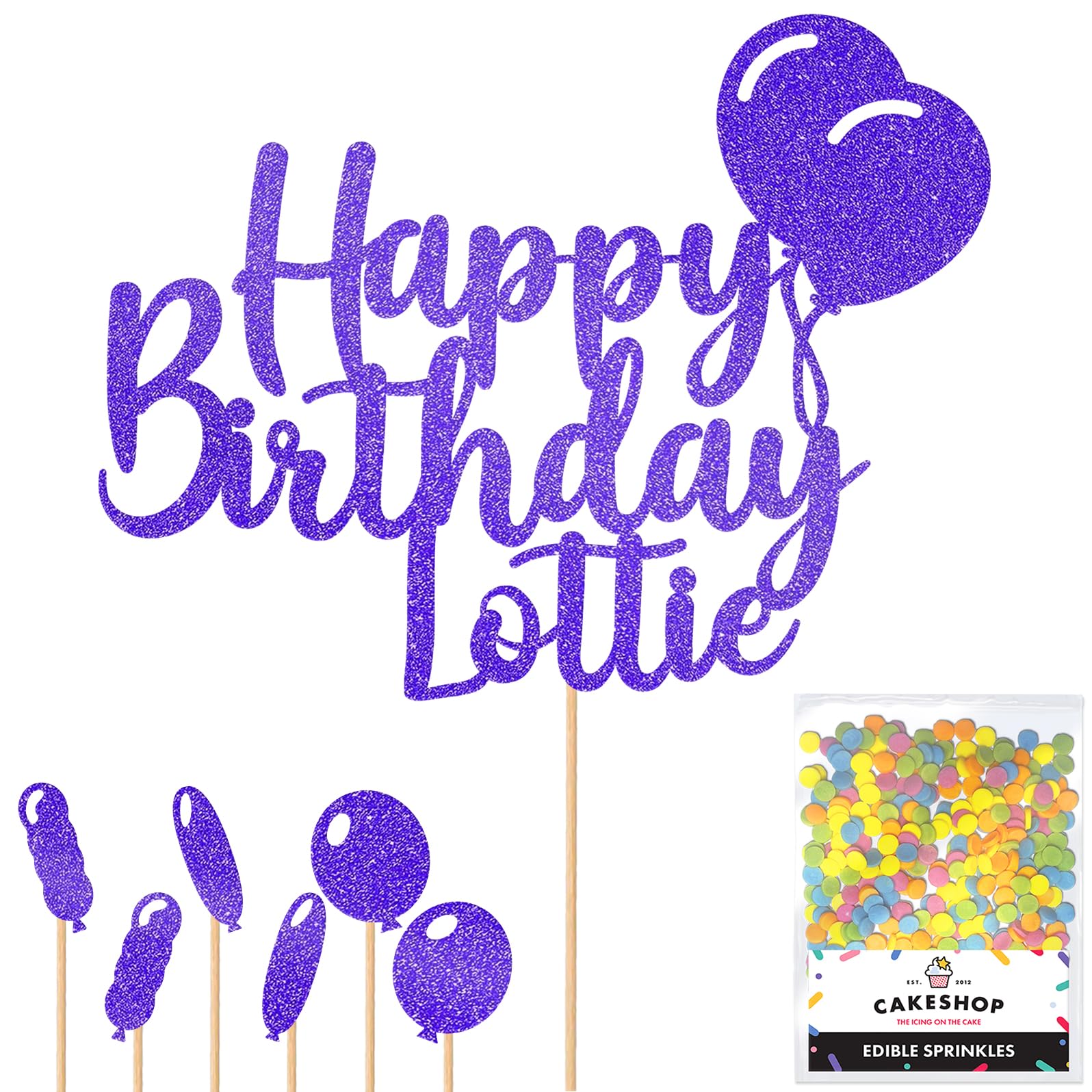 Personalised Happy Birthday Glitter Cake Topper Balloons - Bright Blue Any Name Glitter Cake Decoration and Sprinkles - Happy Birthday Decorations - Personalised Toppers for Cakes by Cakeshop