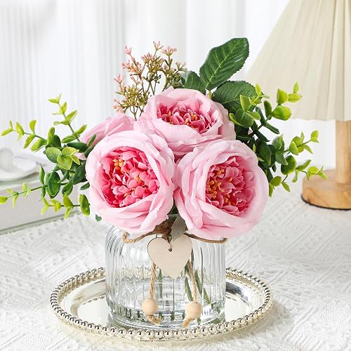 Pink Austin Roses in Vase with Faux Water, Flower Centerpieces for Tables | Realistic Large Austin Rose in Vase with Eucalyptus,Silk Flower Arrangements for Dining Table Centerpiece Bathroom Home Decor