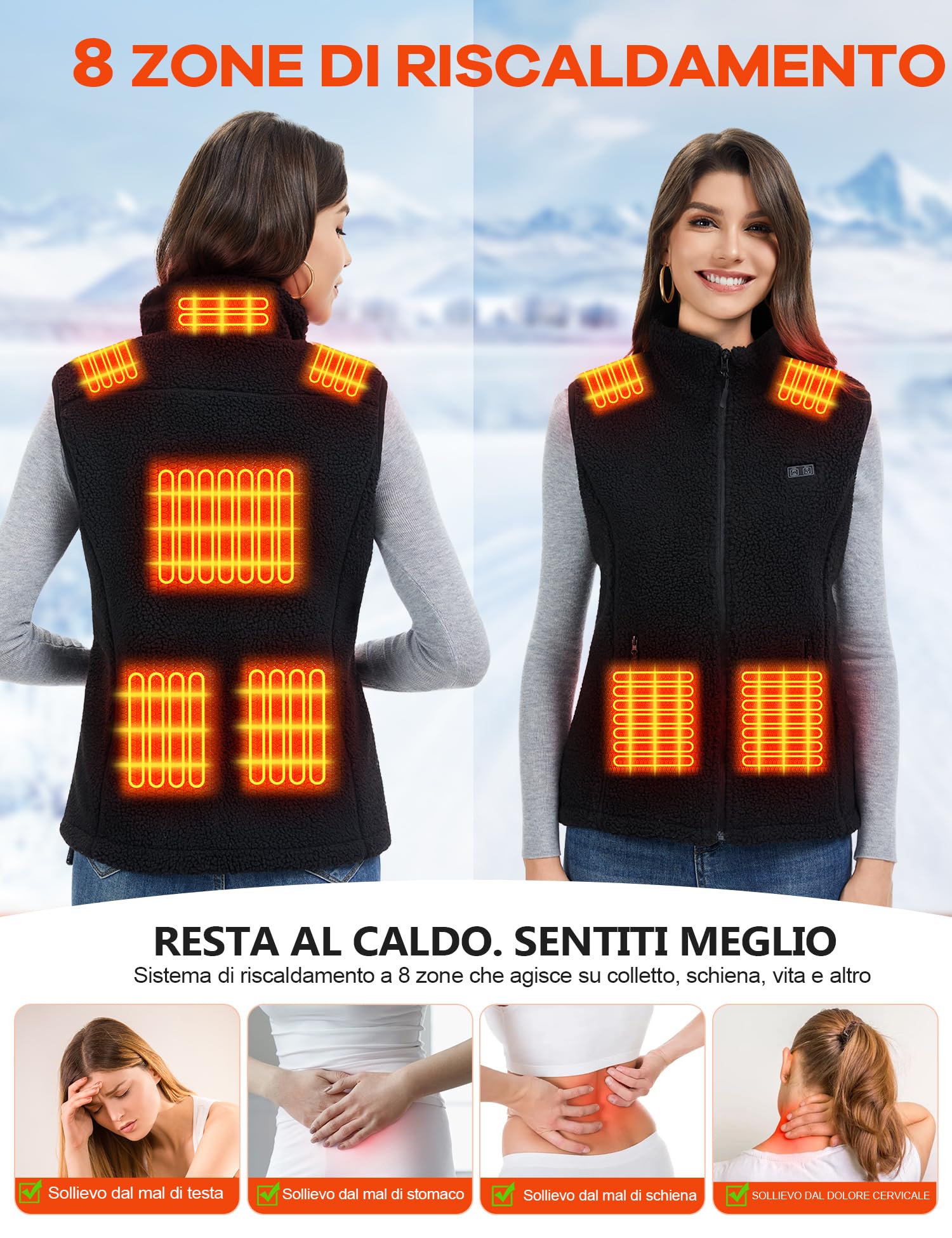 Gilet Riscaldato Donna con Batteria 18400mAh, 8 Zone Riscaldanti, Gilet Termico Donna in Pile, Lavabile, Riscaldabile per Inverno Esterno