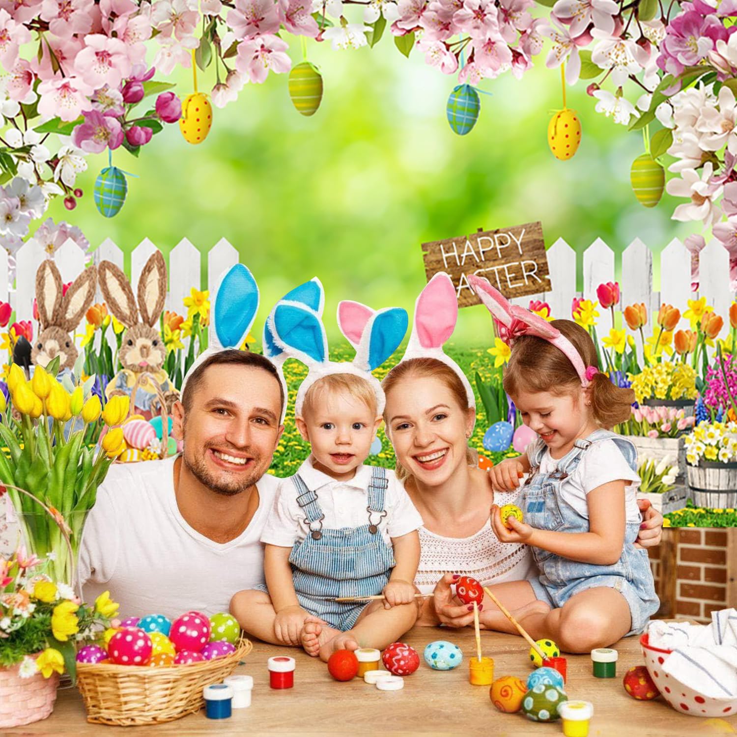 Oster-Fotohintergrund Mit Eiern & Häschen – Faltbarer Vinyl-Hintergrund Für Frühling & Babyparty