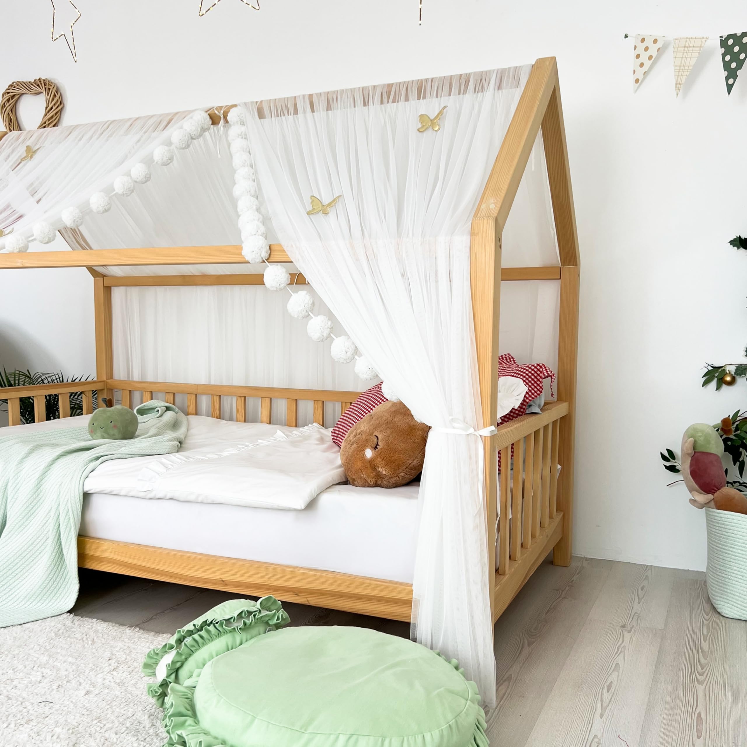 Montessori - Toldo de cama para dormitorio de niñas y niños, elegante decoración de habitación de niños, cortina de cama Montessori para niños pequeños con drapeado suave (blanco, 340 cm, juego
