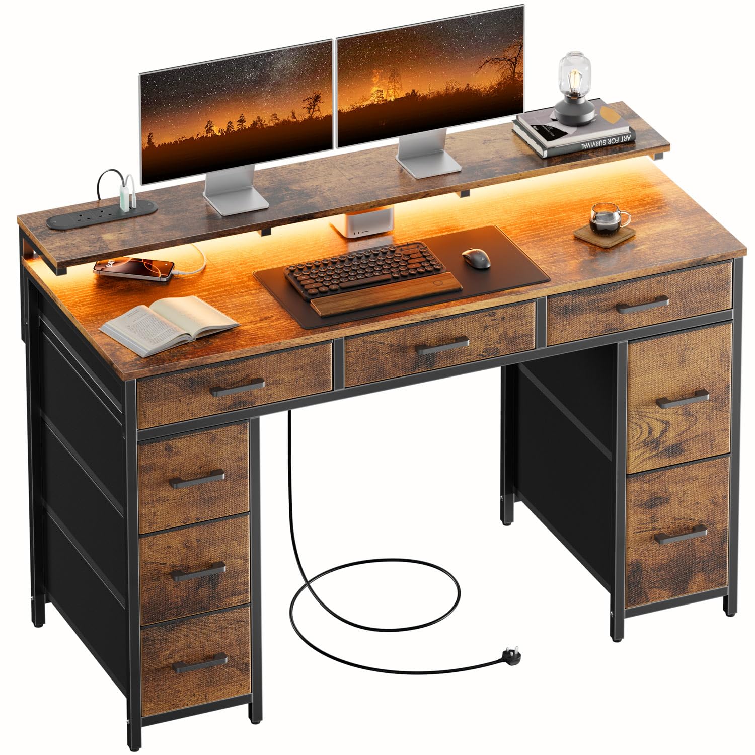 DLONGONE Computer Desk with 8 Storage Drawers, 120 x 50 cm Home Office Desk with LED Lights & USB Power Outlets, Gaming Table with Monitor Stand, Study Writing Work PC Table for Bedroom, Rustic Brown
