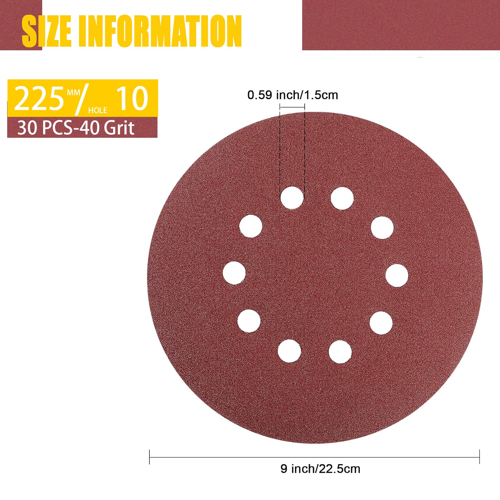 Papier ścierny 225 mm, rzep, 30 sztuk krążków szlifierskich 225 mm, ziarnistość P40, 10 otworów, w kolorze czerwonym, do szlifierek do płyt gipsowo-kartonowych, szlifierek mimośrodowych