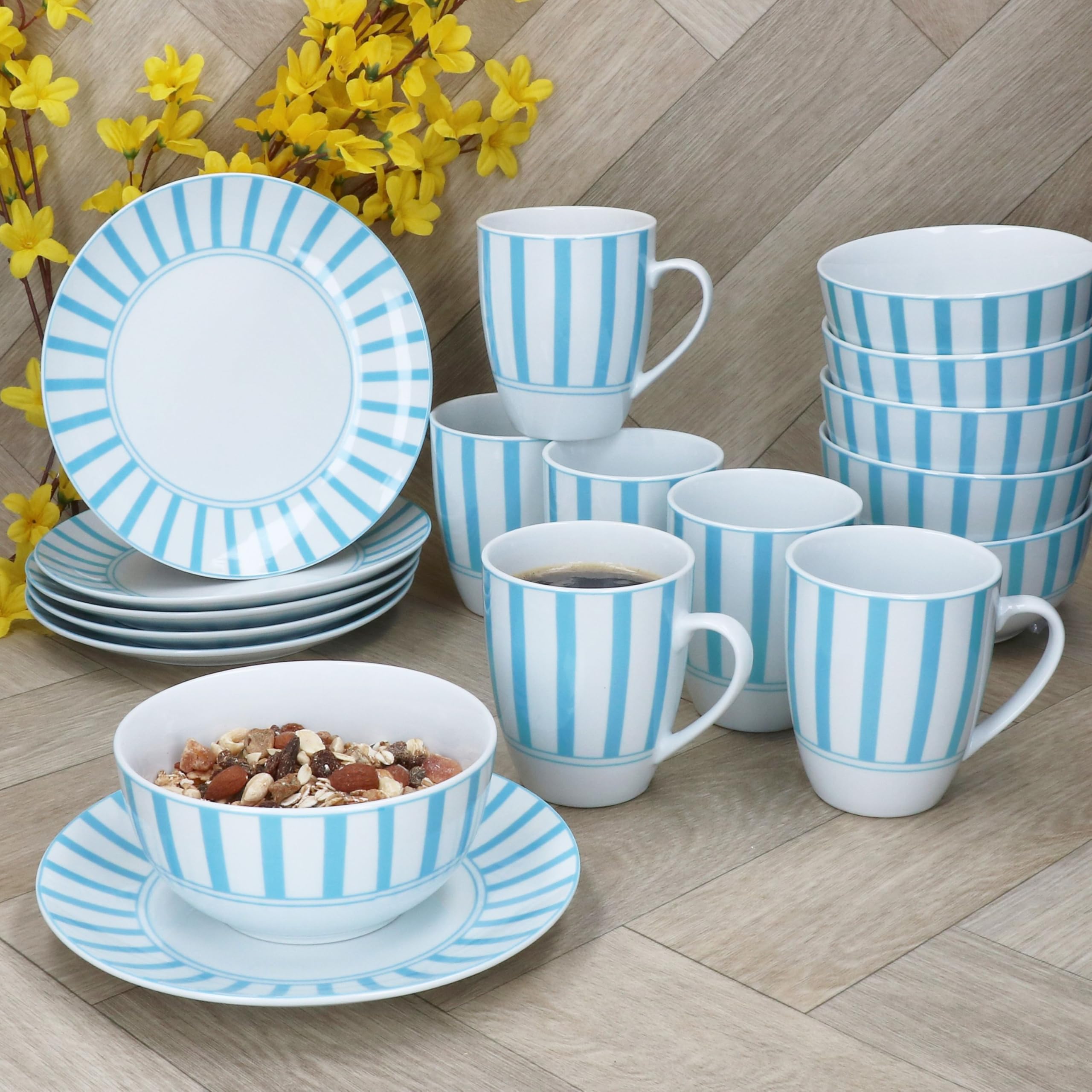 MamboCat Split turkusowy 18-częściowy zestaw śniadaniowy, 6 talerzy do ciasta, miseczek na musli 400 ml i kubki do kawy 300 ml z porcelany, dla 6 osób, dekoracja w paski w kolorze turkusowym