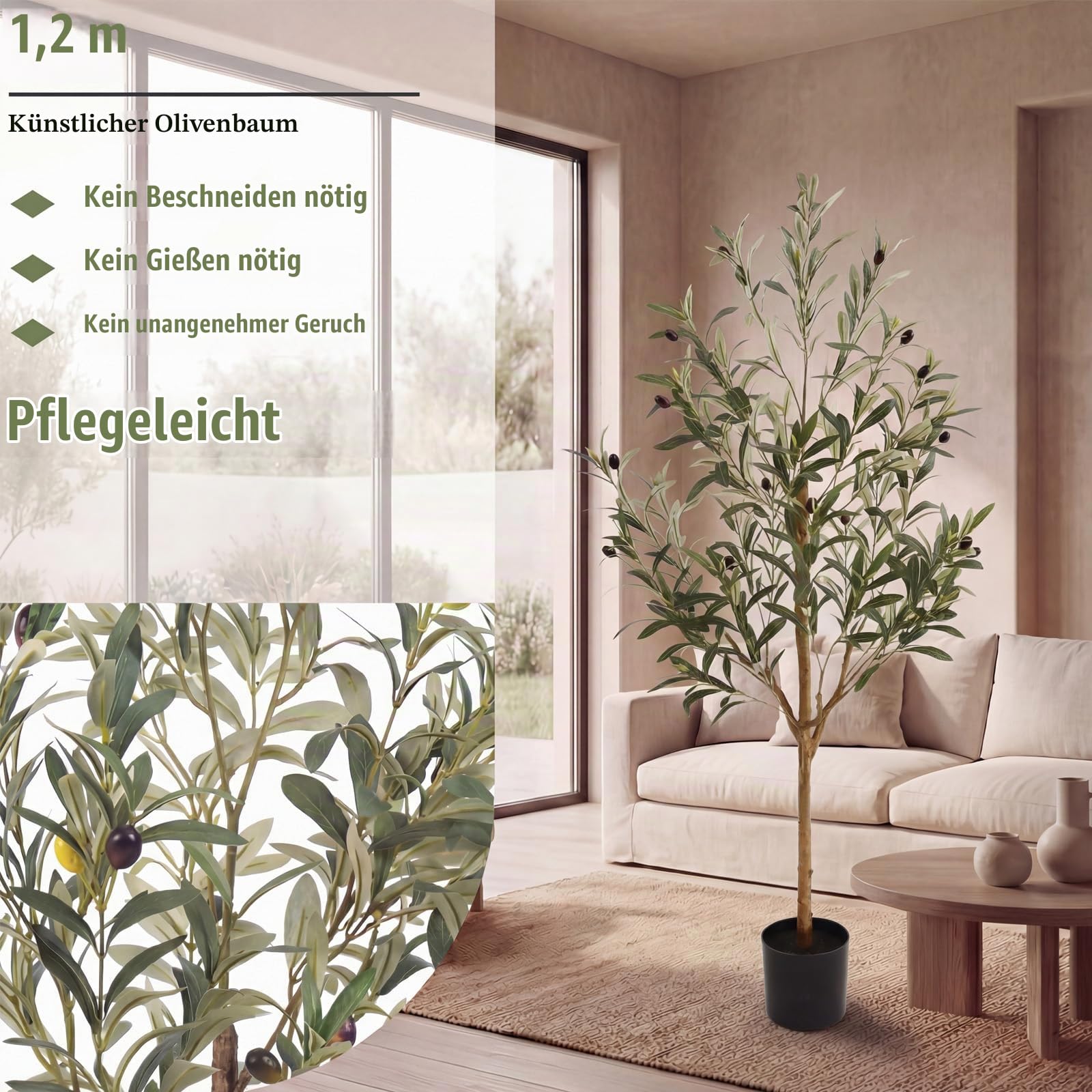 Künstlicher Olivenbaum, künstlicher Olivenbaum mit Topf, mit mehreren Echtholzstämmen und lebensechten Früchten, für Zuhause, Büro, Haus, Wohnzimmer, Dekoration, 1,2 m