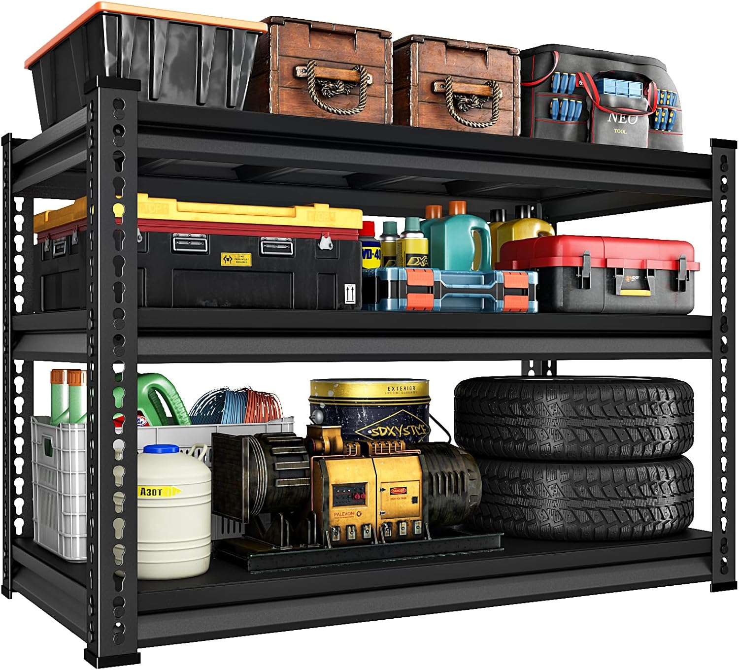 48" W Garage Shelving Heavy Duty, 1500LBS Loads Shelving Units and Storage Racks, 3-Tier Metal Garage Storage Shelves, Industrial Utility Shelf Heavy Duty,48" Wx16 Dx39 H, Black 1 48"W×16"D×39"H