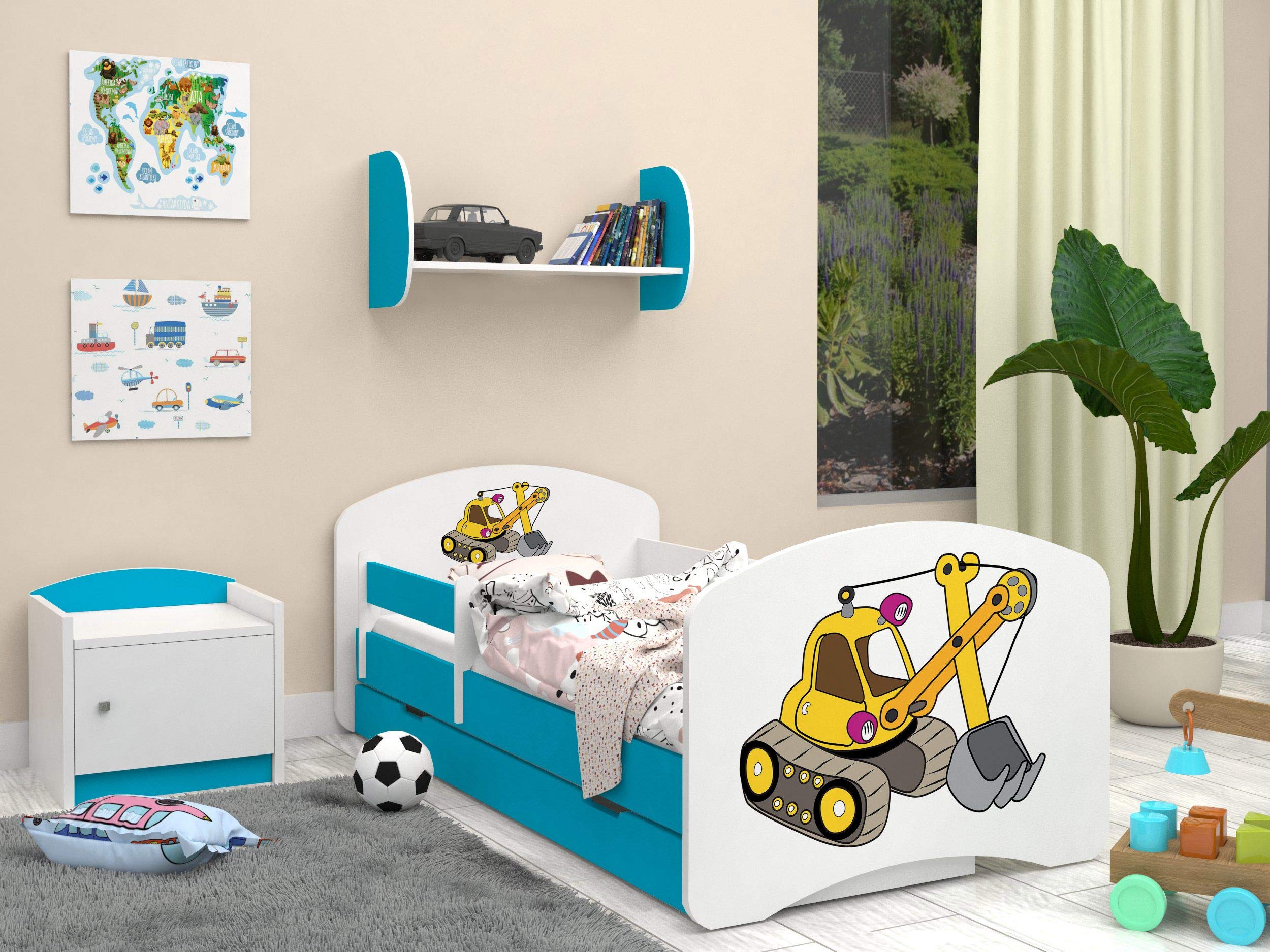 HappyBabies - Dwustronne łóżko dziecięce z szufladą, nowoczesne wzornictwo, z bezpiecznymi krawędziami i zabezpieczeniem przed upadkiem, materac piankowy 7 cm, niebieski (żółta koparka, 140 x 70 cm)