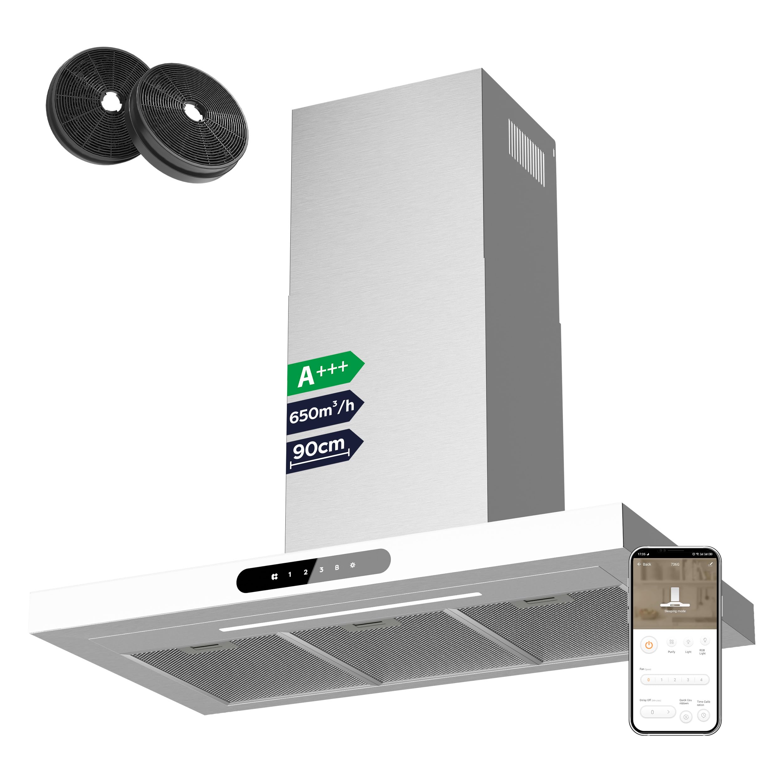 CIARRA CBCW9102 A+++ campana extractora 90 cm de circulación de aire campana extractora de acero inoxidable blanca 650 m³/h táctil 4 niveles incluida filtro de carbón activado CBCF003