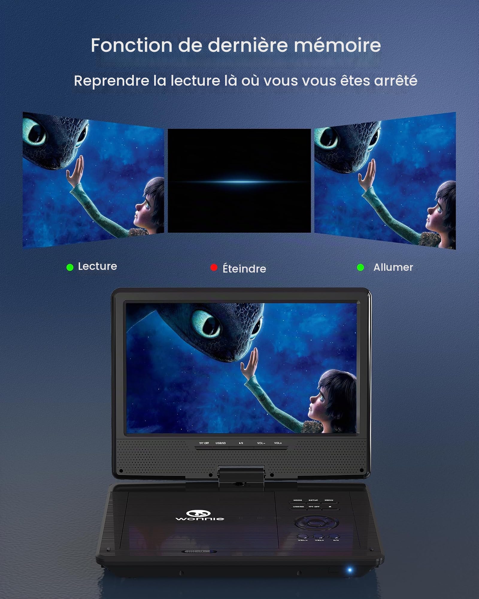 WONNIE Lecteur DVD Portable de 12,5" avec écran HD pivotant de 10,5", étui pour appuie-tête de Voiture, Batterie Rechargeable de 5 Heures, Chargeur de Voiture et Adaptateur Secteur, Prend en Charge