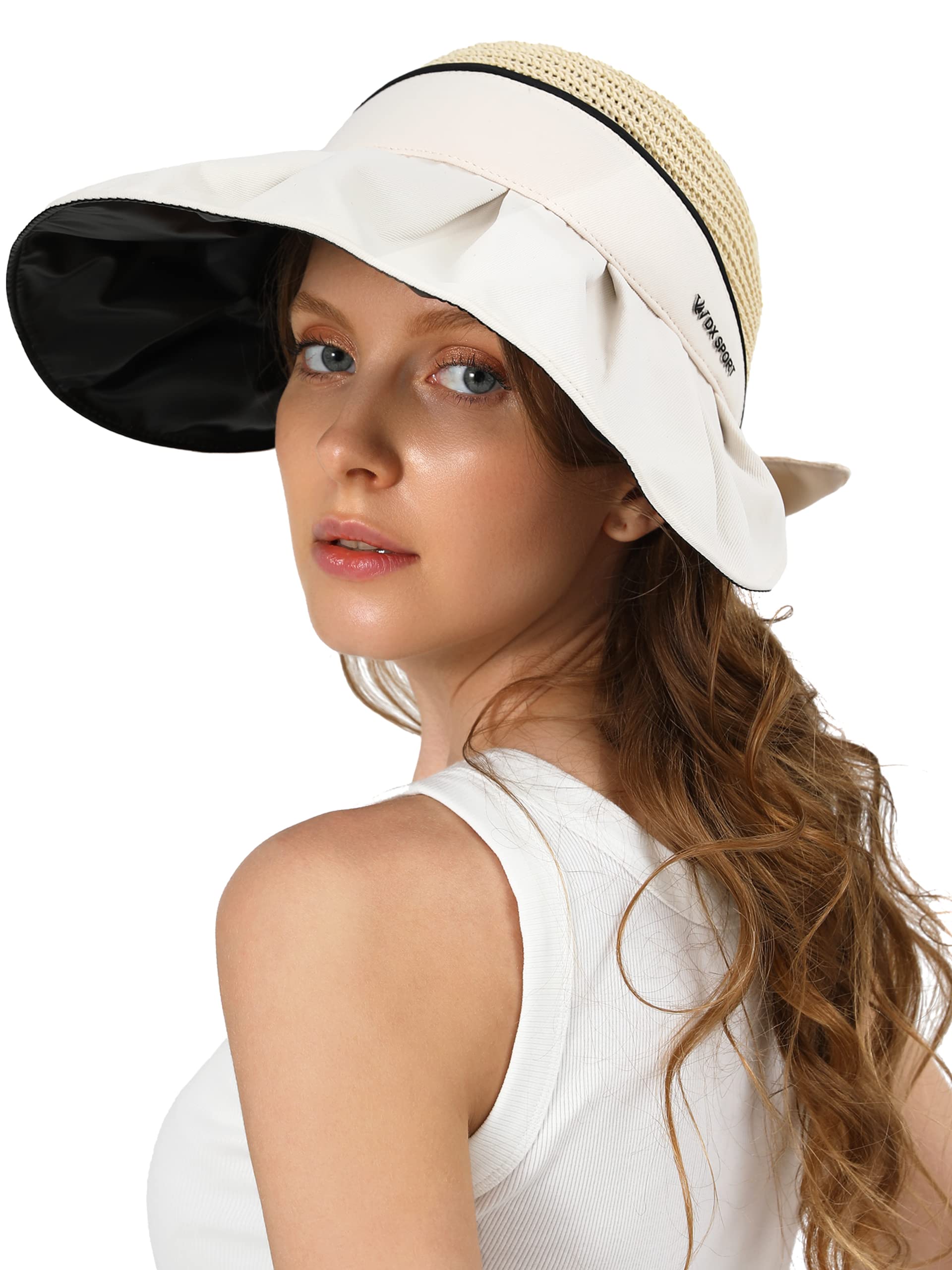 Women Sun Hat Beach Straw Visor Wide Brim UV Protection Hat for Summer Packable Travel Hat