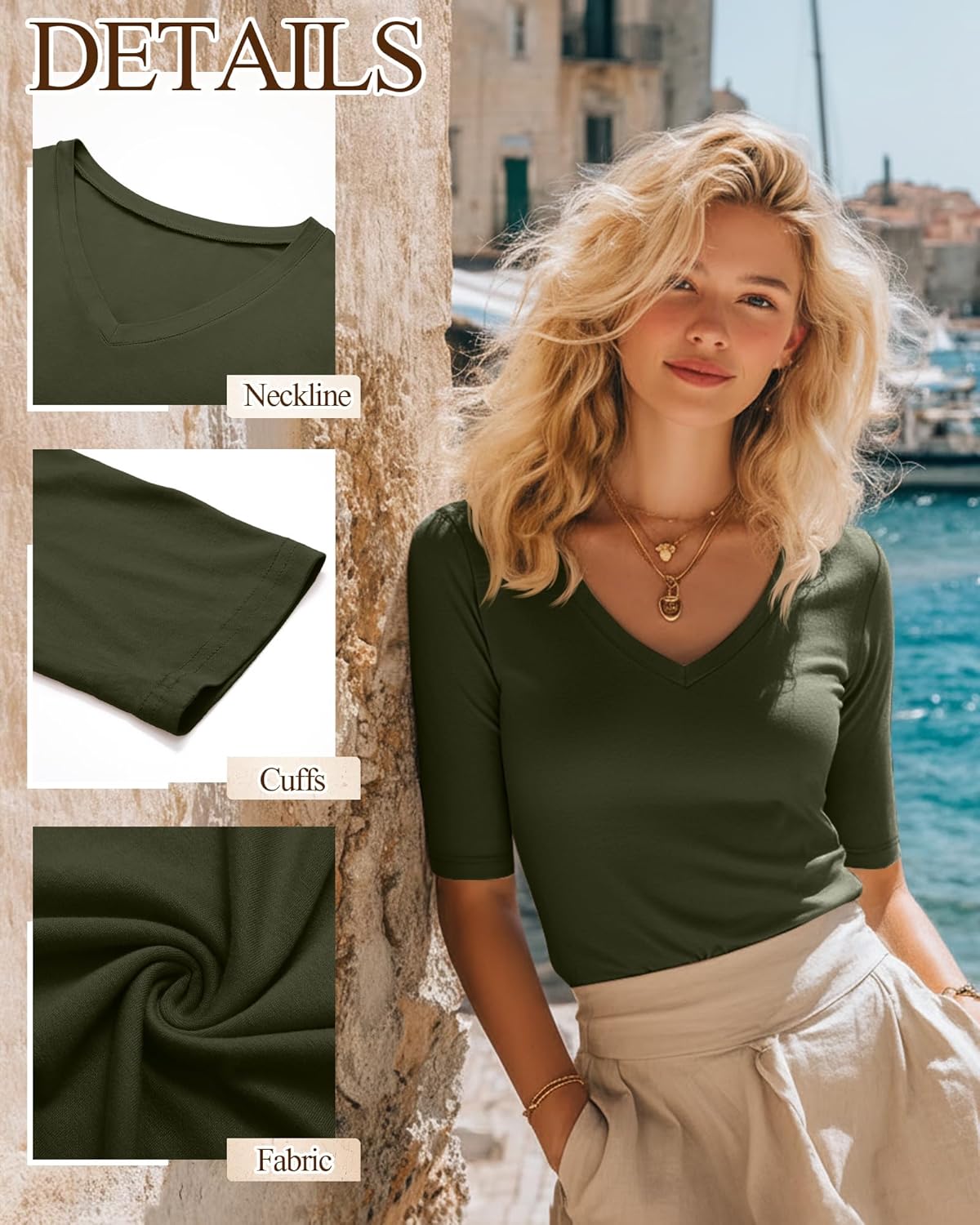 Ficerd 3 Pack Women's Half Sleeve V Neck T Shirts, Cotton Elbow Length Sleeve Shirt Slim Fit Tunic Top Casual Summer Tee(Black, Army Green, Light Gray,Large) - Image 5