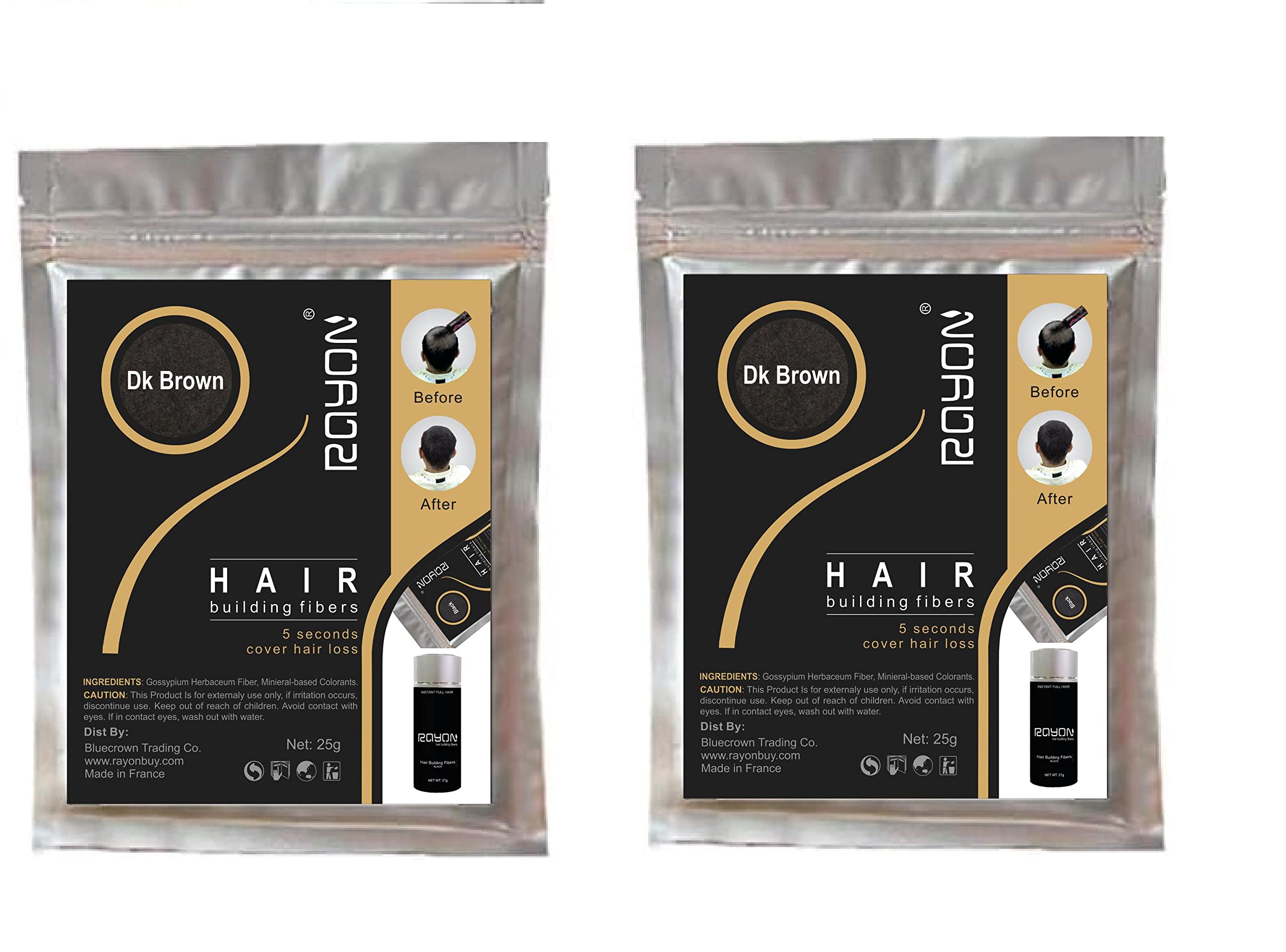 Rayon Hair building fiber refilling pack use for Caboki Toppik Bottles etc. (25gm * 25gms Dark Brown) - Pack of 2