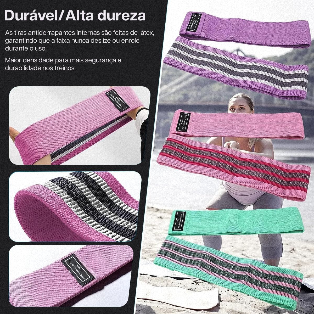 3 Faixas Hip Mini Band Tecido Elástico Premium Kit Para Exercícios Em Casa - Fisioterapia Yoga Pilates Reabilitação Academia Treino Funcional Alongamento Crossfit Ginástica Musculação Intensidades