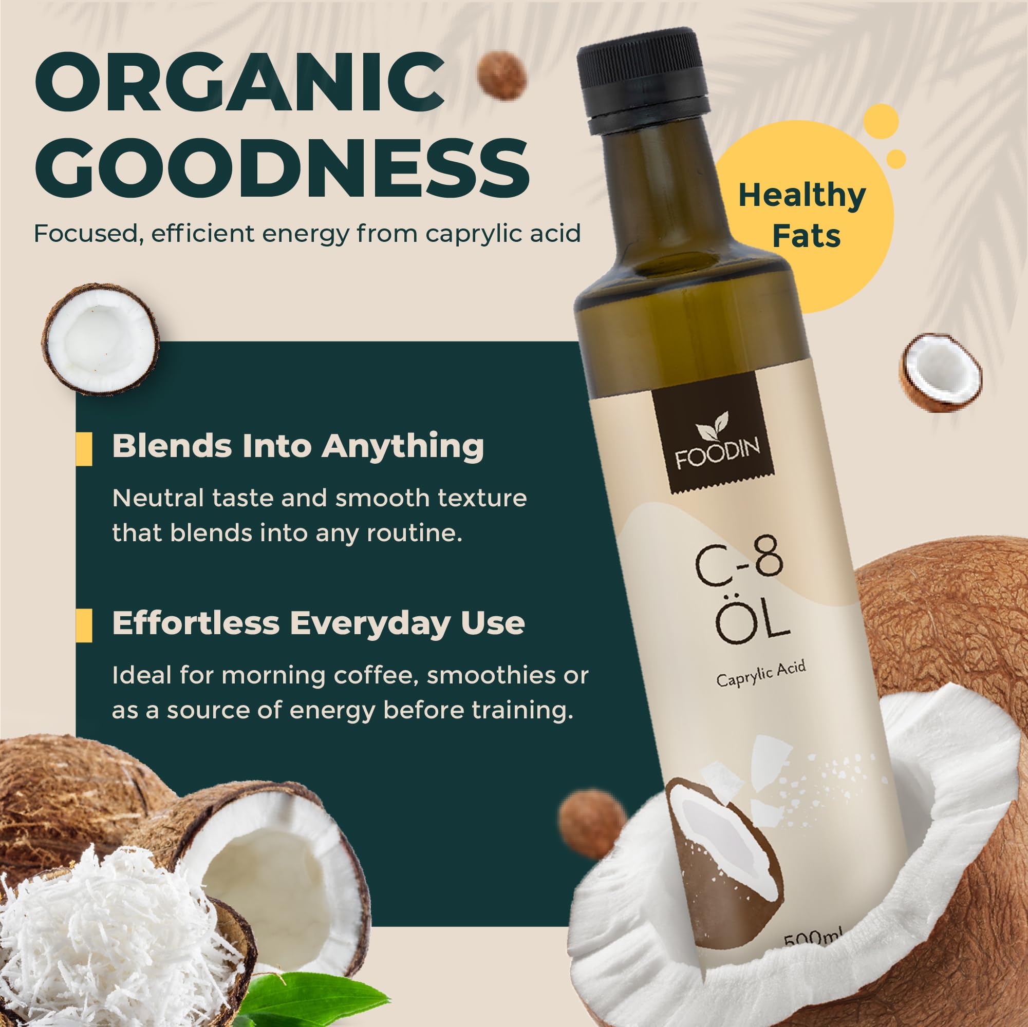 FOODIN Olej MCT C8, 1000ml Olej kokosowy, Najlepszy dla diety ketogenicznej, Olej MCT Ketony do picia, 3x więcej ketonów (100% C8), Olej kokosowy płynny i bezsmakowy (2x500ml)