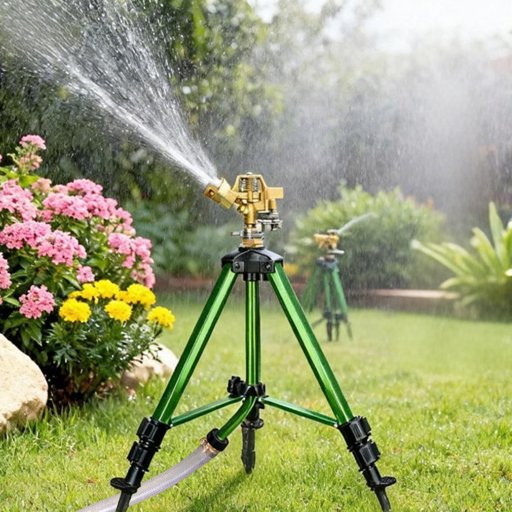 2 Stück Schlagregner auf Stativbasis, 360° verstellbarer Messingsprinklerkopf mit Heringen, robustes Metallstativ, Rasensprenger für große Flächen, Rasen, Hof und Garten Bewässerung