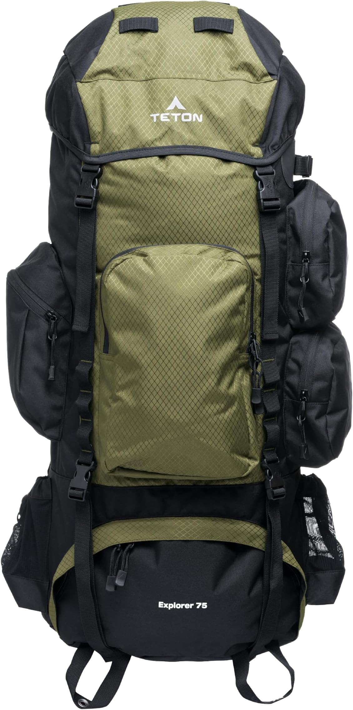 Teton 75L Explorer Internal Frame Backpack for Hiking, Camping, Backpacking, Rain Cover Included, Olive