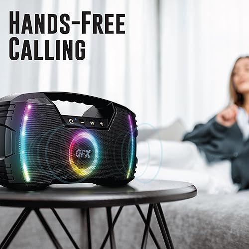 Miniatura 7 de Potente y portátil impermeable todo terreno altavoz Bluetooth con graves profundos, luces LED de fiesta, carga rápida USB-C, radio FM, AUX - QFX