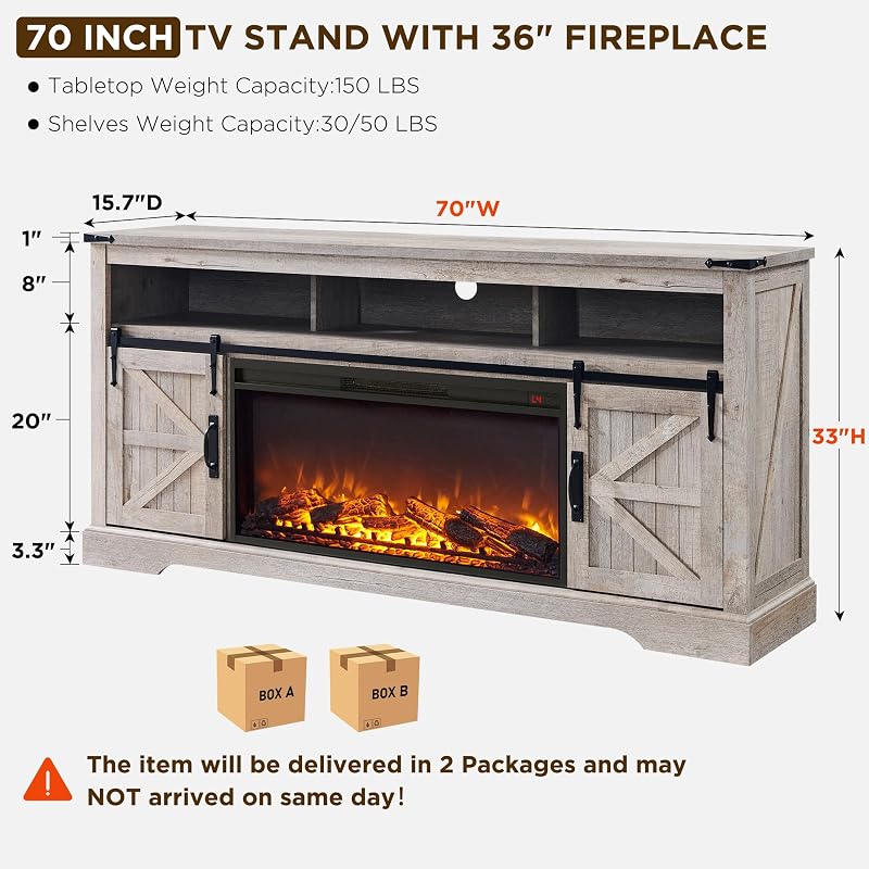 OKD 70" Farmhouse TV Stand with 36" Electirc Fireplace, Light Rustic Oak image 2