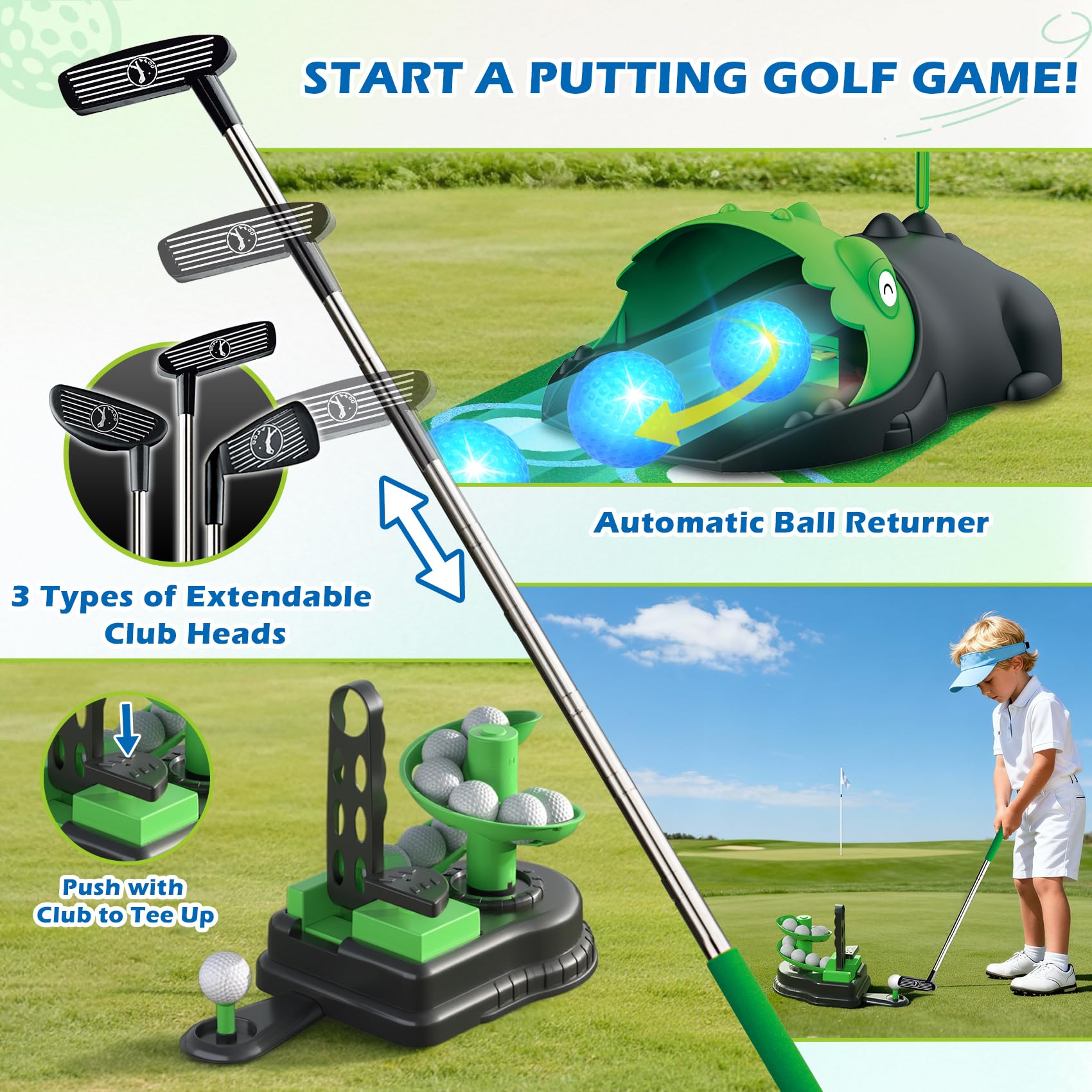 TERRAMUS Set da golf per bambini aggiornato, giocattoli da golf 3 in 1 con dinosauro, ritorno automatico della palla e lanciatore di palline, palline luminose a LED mini giocattolo da golf per età 3-8