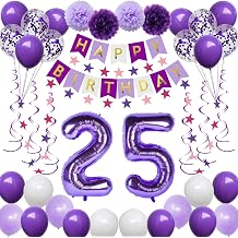 25th Birthday Decorations for Girls - Purple & Pink 25 Happy Birthday Balloons, Banner, Number Balloons, Star Streamers & Hanging Swirls