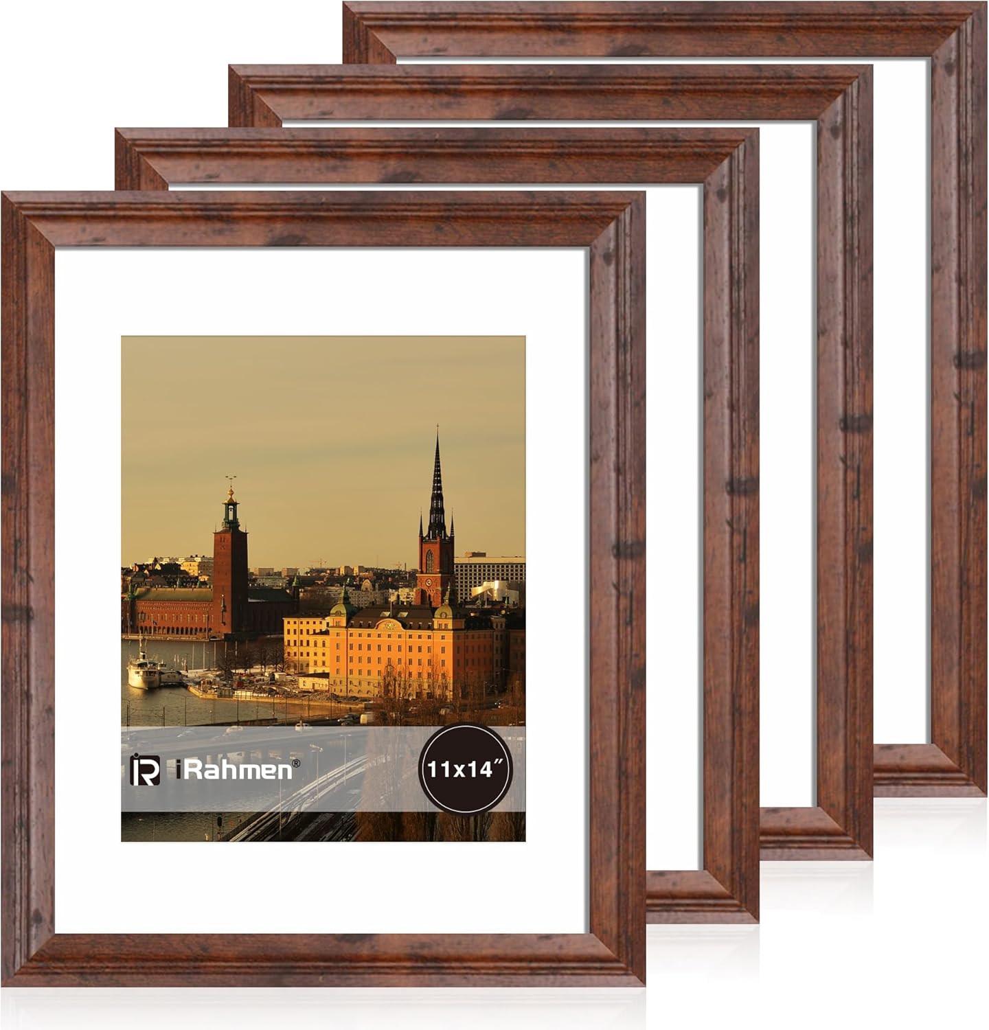 iRahmen 11x14 Vintage Picture Frame with Mat 8x10 - High Definition Tempered Glass Wooden Photo Frames for Wall Mounting (Brown, Set of 4)
