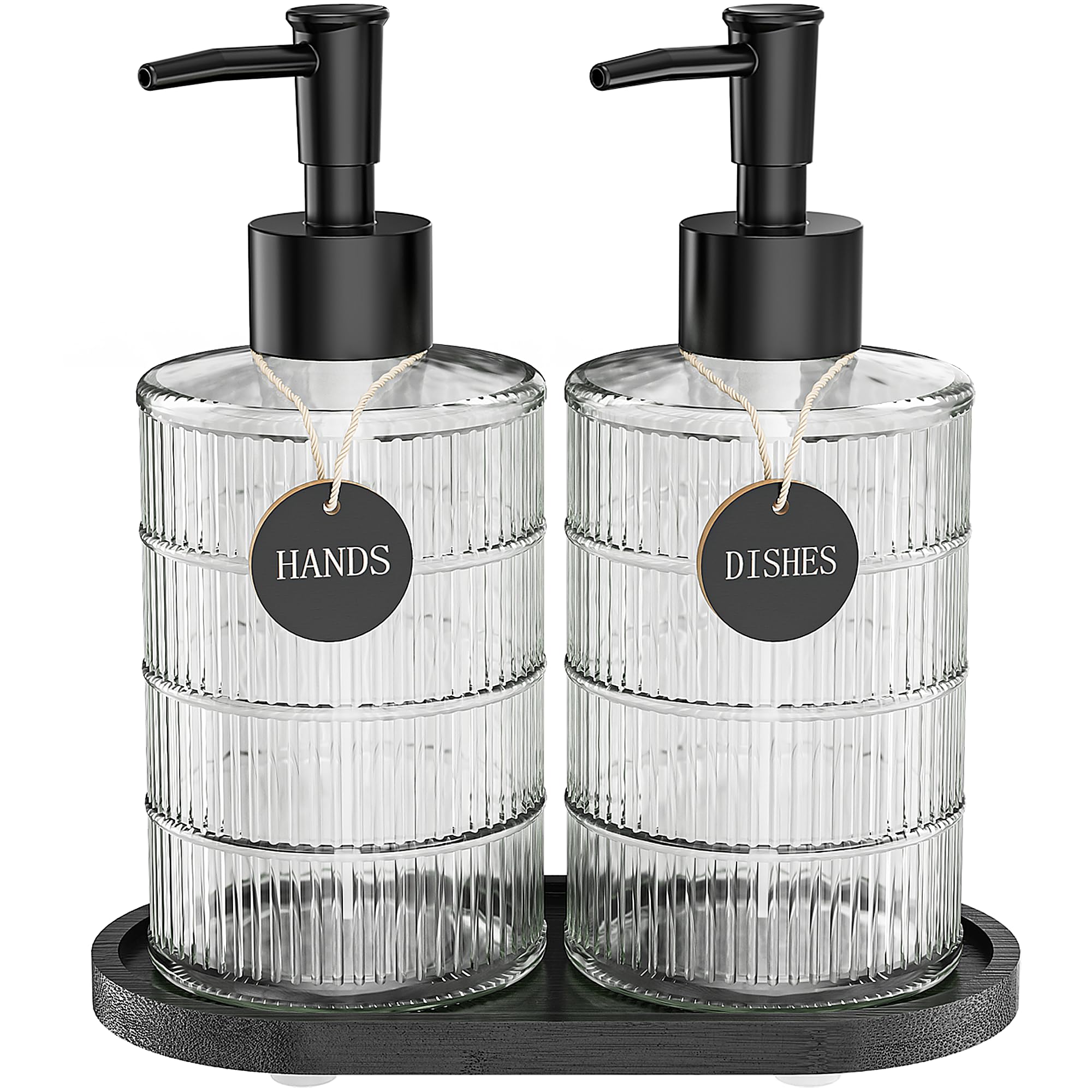 Photo 1 of MASADI Soap Dispenser Set with Bamboo Tray, Dish and Hand Soap Lotion Dispenser Set with Wooden Pump for Kitchen and Bathroom Decor for Counter, Modern Vintage Liquid Soap Dispensers (Clear&Black)