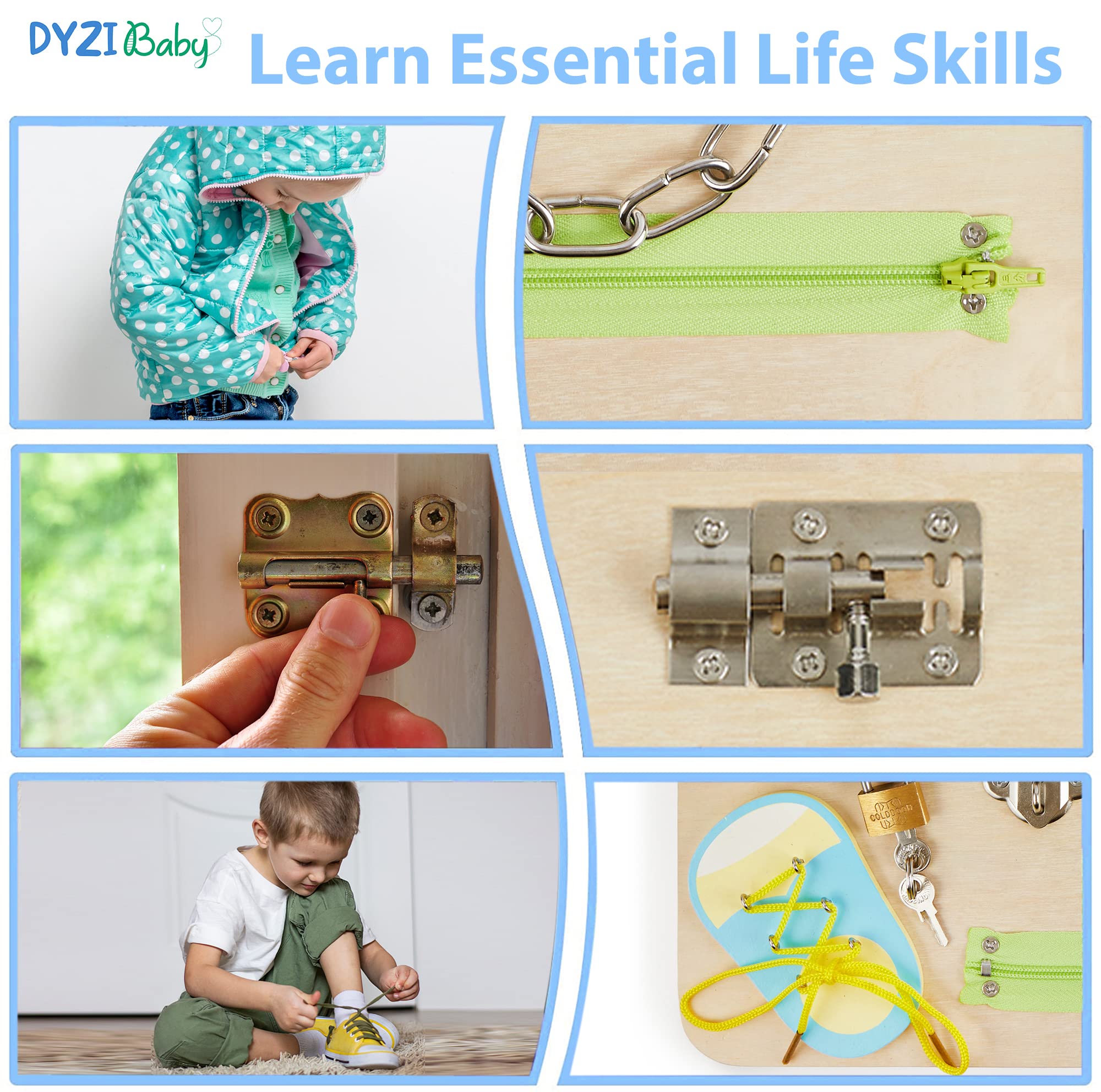 DYZI Montessori - Tablero de actividades para niños pequeños, juguetes sensoriales de viaje para el desarrollo temprano y el autismo, juguete educativo de madera para niños y niñas