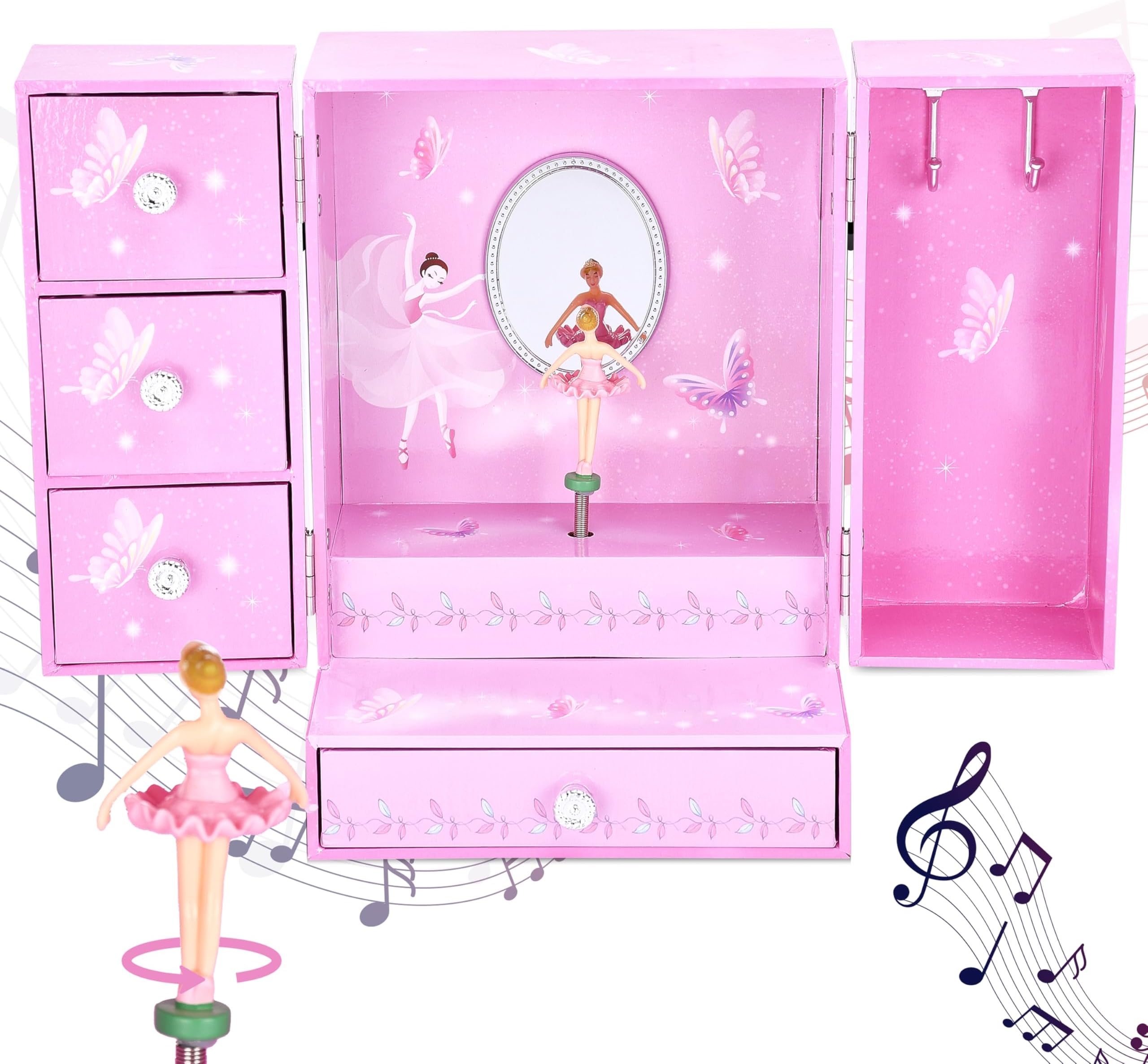 Jewelkeeper Large Jewelry Organizer Box - Musical Spinning Figure - Two-Door Accessories Organizer with 4 Drawers, 2 Hooks - Wood Storage for Rings, Necklaces, Earrings - Pink - 8.3"x6"x4.7"