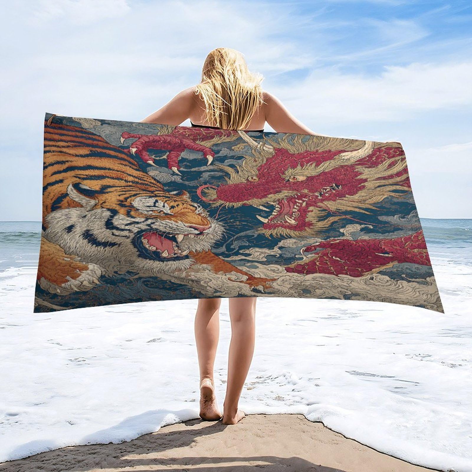 Luyysky Fantasy Cool Tiger Dragon Absorbent Beach Towel, Asian Oil Painting Japanese Mythical Animal Tiger Dragon Ocean Waves Outdoor Single-Sided Velvet Beach Towel-80 W Cm X 160" L Cm