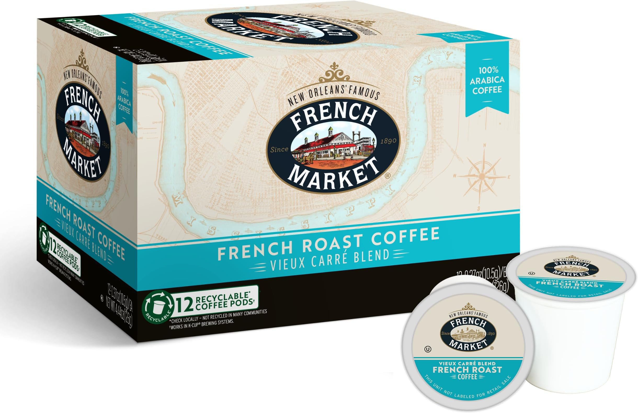 - French Market Vieux Carré Blend French Roast Single Serve Coffee Pods, 12ct Box (Pack of 6)