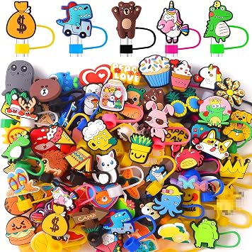 ywevyezc 50Pcs Different Straw Cover Caps for Tumblers, Cute Dringking Toppers,10mm Dust-Proof Reusable Bulk PVC Straw Protector for Party Gifts