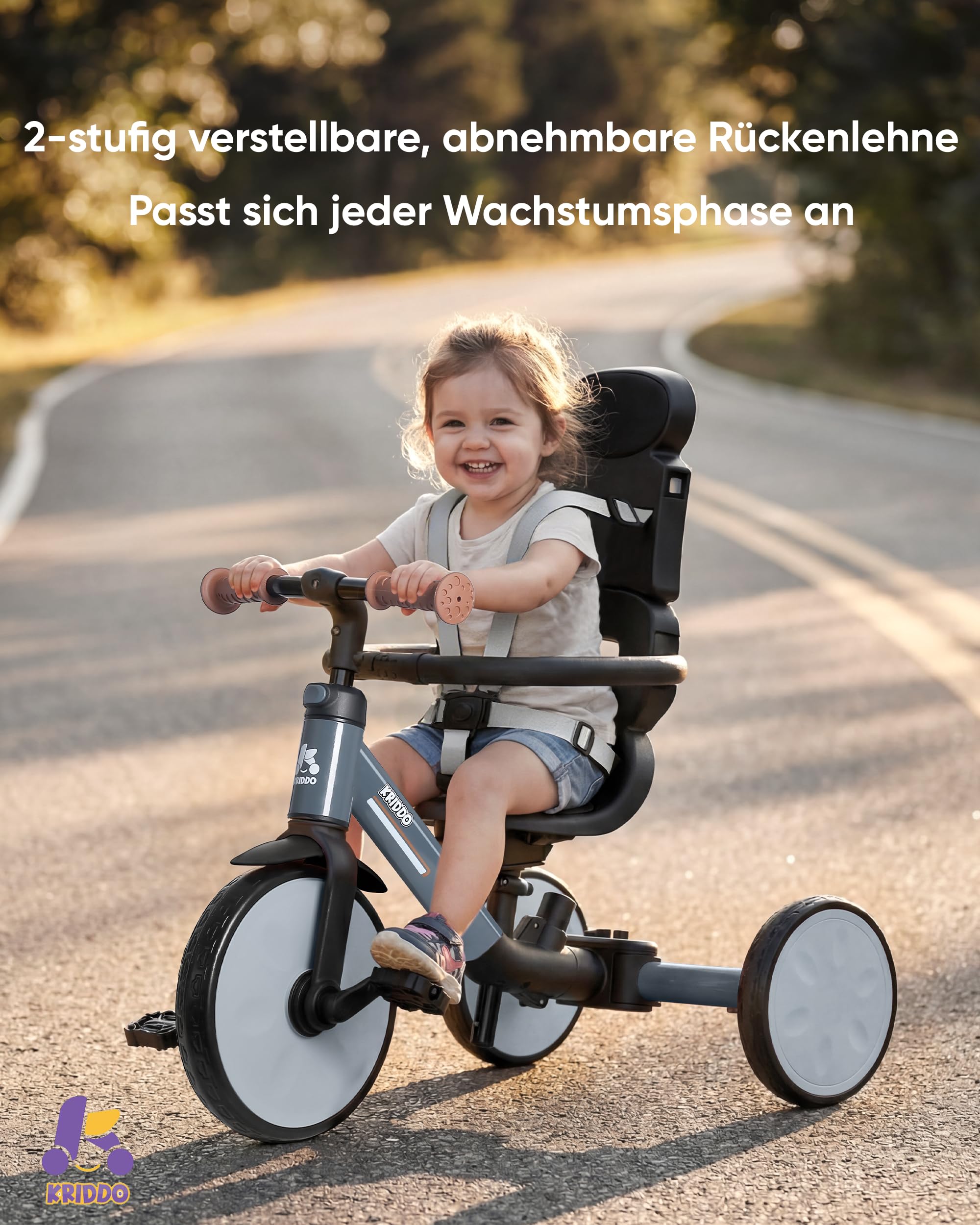KRIDDO 8-in-1 Kinderdreirad für 1,5–5 Jahre, umwandelbares Dreirad & Laufrad mit Schubstange, 5-Punkt-Gurt, faltbarem Verdeck und Aufbewahrungstasche, Grau