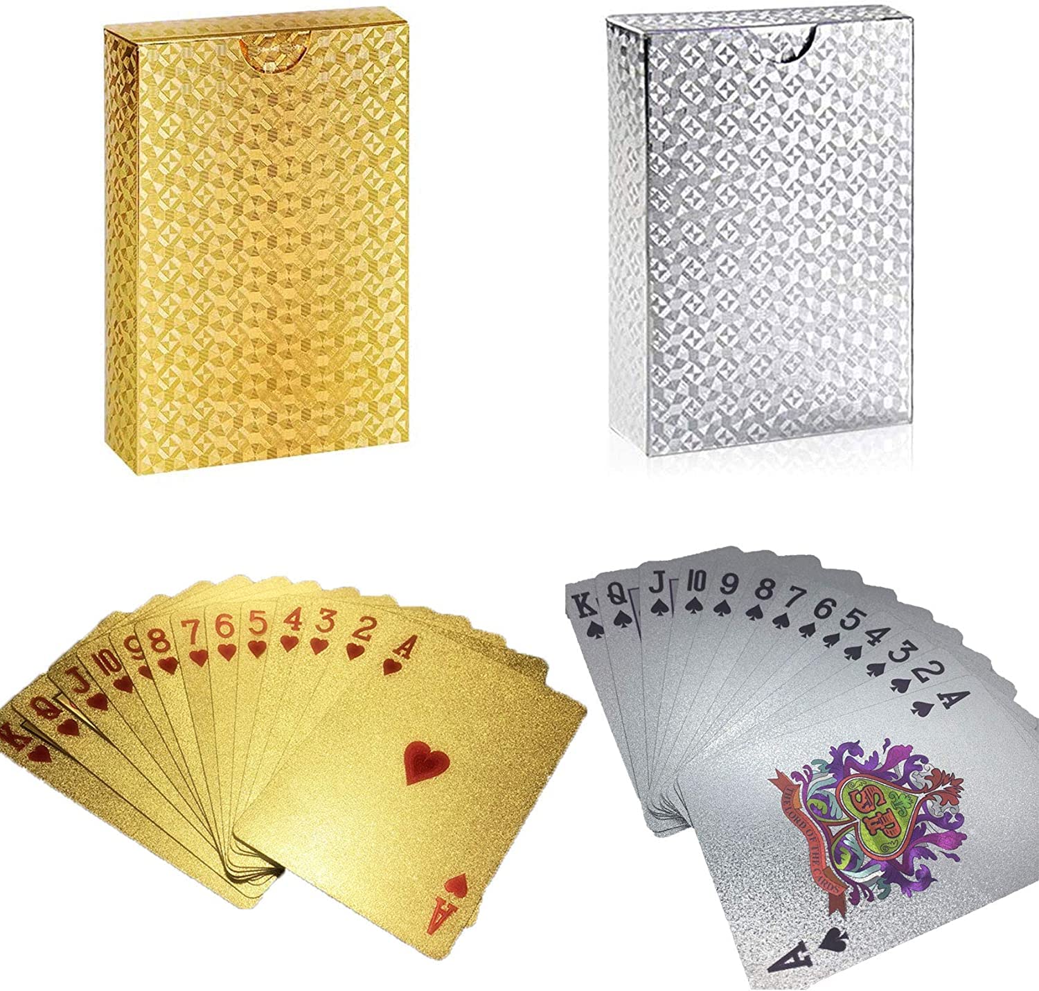 2 Deck of Gold Foil Plastic Card,Waterproof Plastic Playing Cards, 24K Gold and Silver Elastic PVC Playing Cards, Ideal for Parties and Games