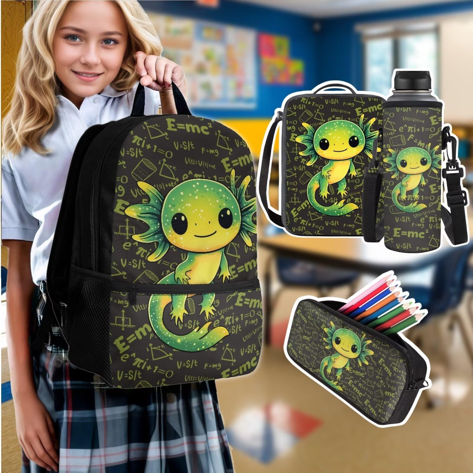 Juego de mochila escolar 4 en 1 para niños, mochila escolar para niños y niñas, con fiambrera, estuche para lápices, funda para botella de agua