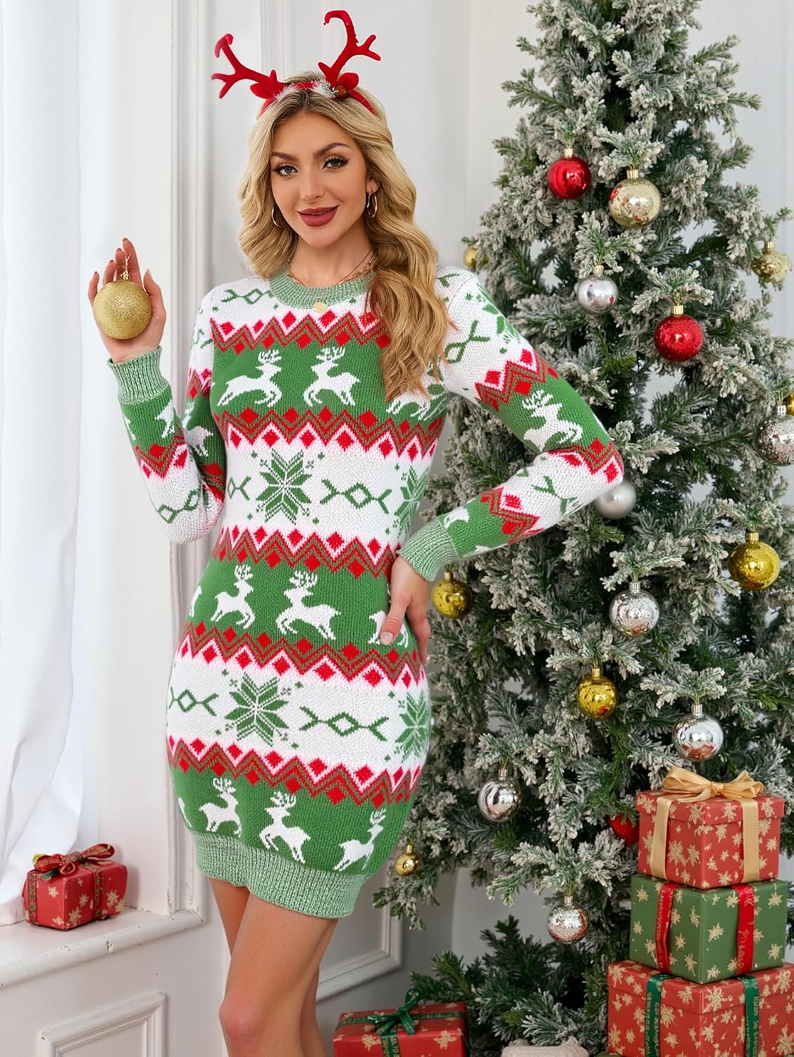 SunnyMelody Womens Ugly Christmas Sweater Dress Winter 2025 Reindeer Snowflake Knit Crew Neck Long Sleeve Midi Dresses - Image 2