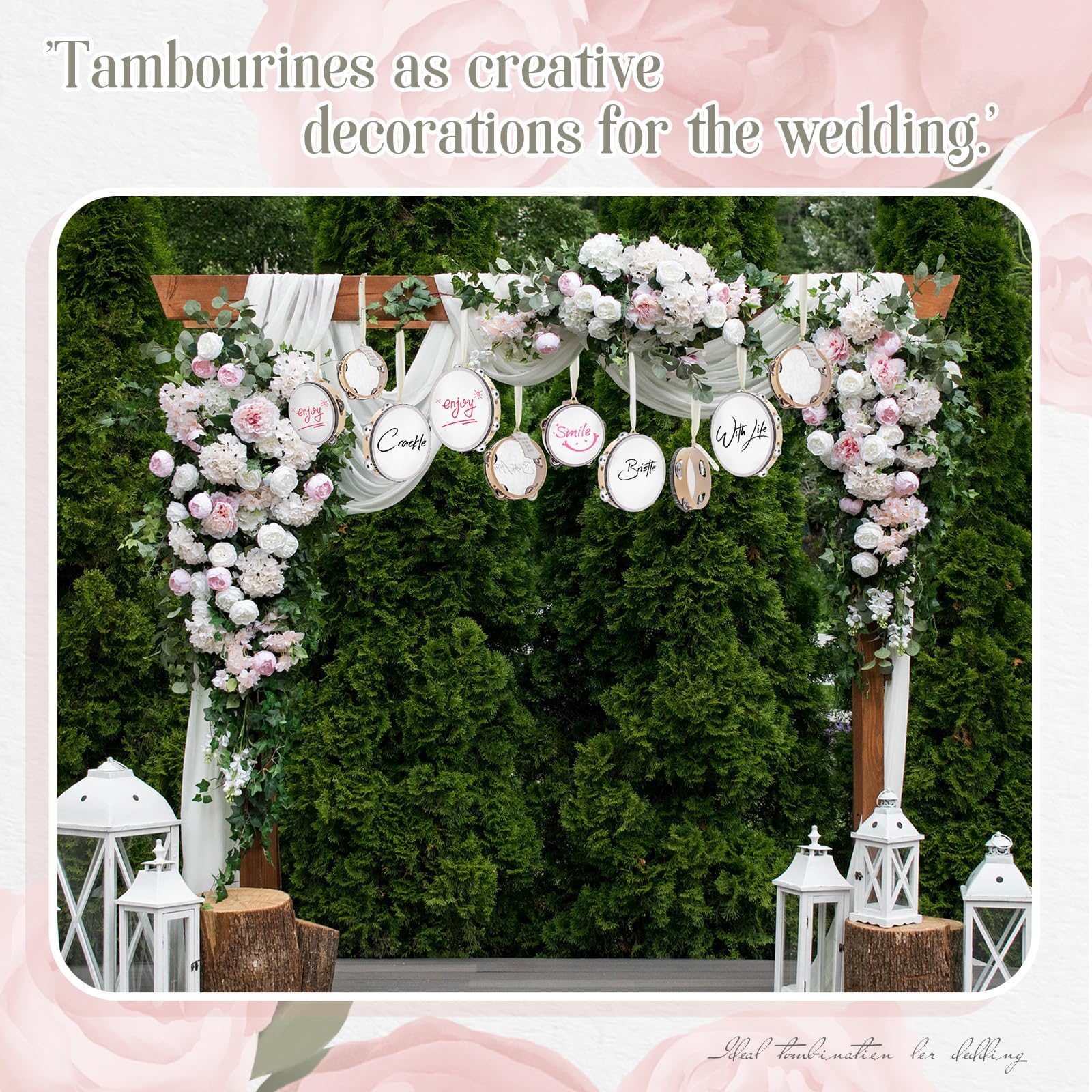 Tamburin für Erwachsene, 10 + 15 + 20 + 25,4 cm, 12 Stück, Holztrommel mit Metallschellen, Geschenkanhänger, beigefarbenes Band, Percussion-Geschenk, Musikinstrument für Kirche, Hochzeit, Party