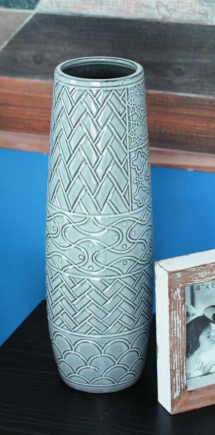 Deco 79 Ceramic Decorative Vase Centerpiece Vase with Varying Patterns, Flower Vase for Home Decoration 5" x 5" x 16", Gray - Image 3