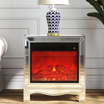 Silver Nightstand with Electric Fireplace Heater, Mirrored End Table Freestanding Mini Fireplace, Modern Side Table for Bedroom, No Assembly Needed