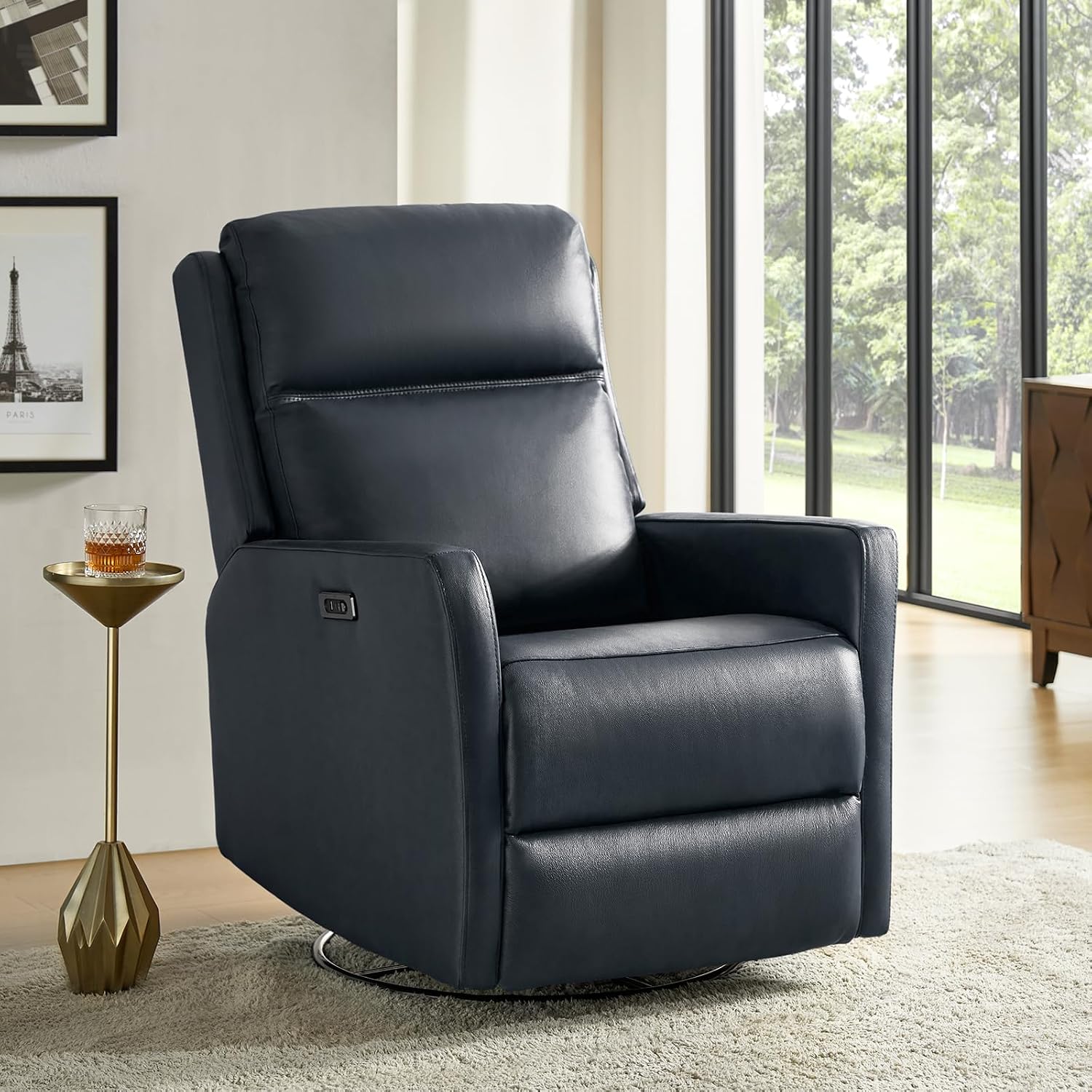 Genuine Leather Power Recliner Chair, 360-degree Swivel Lay Flat Recliners with Lumbar Support and USB Charging Ports, Large Rocking Chairs for Adults Elderly, Living Room Bedroom, Navy