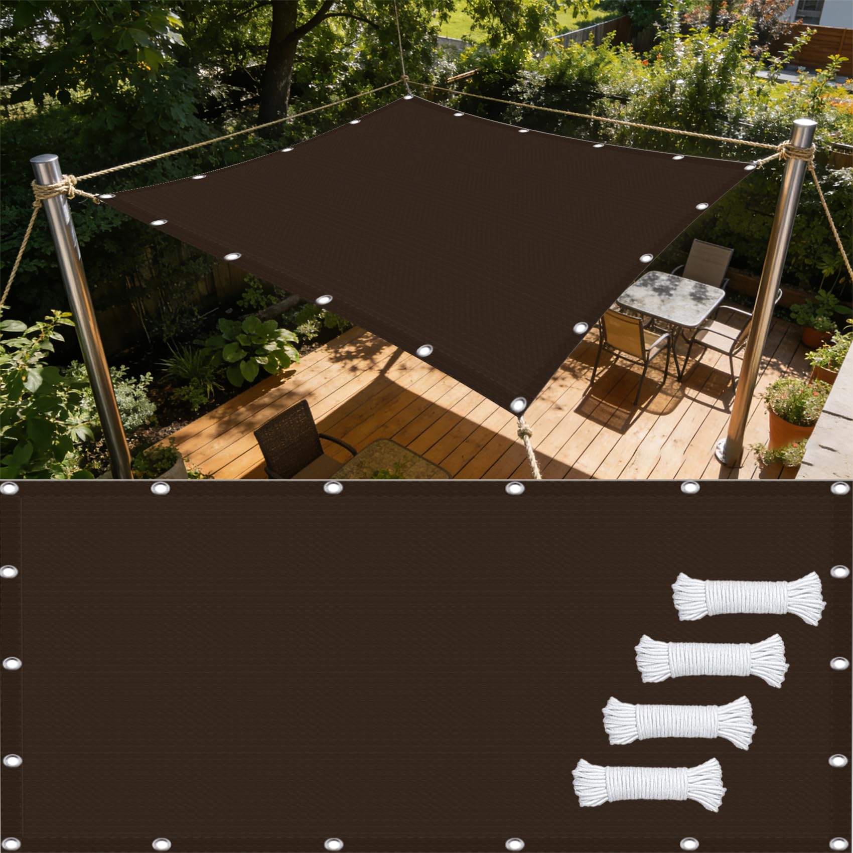 Tissu d'ombrage brun 340 x 400 cm avec corde pour protection de pergola