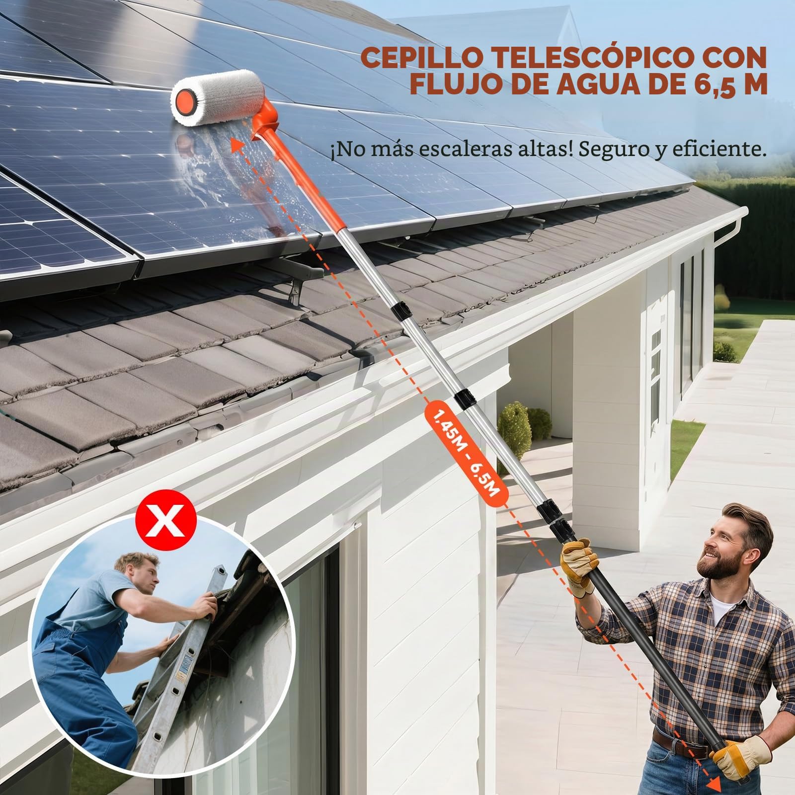 limpiacristales telescopico 6,5m pertiga telescopica Limpieza Cristales Limpiador Placas solares Incluye Manguera de Agua de 11 Metros para Paneles solares, Ventanas