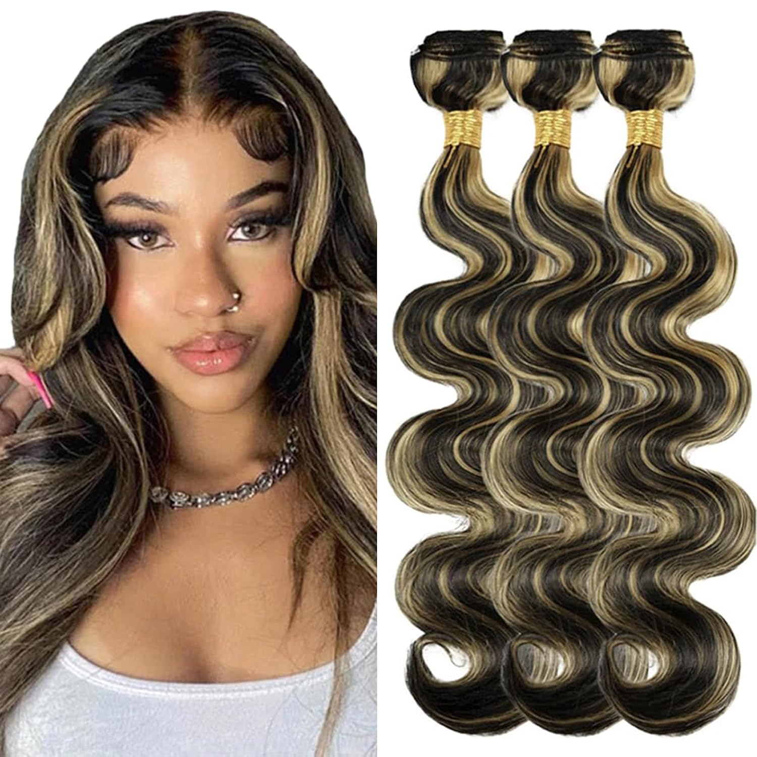 Ombre Body Wave Bundles Human Hair 14 16 18 Inch P1B/27 Highlight Honey Blonde Human Hair 3 Bundles human Hair Extension Black Mixed Blonde 150G